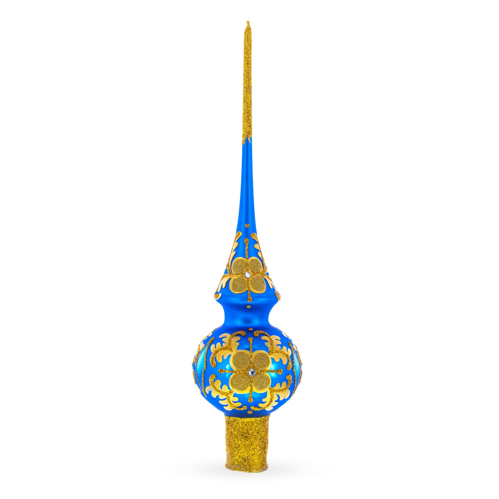 Jeweled Golden Leaves on Blue Glass Christmas Tree Topper 11 Inches
