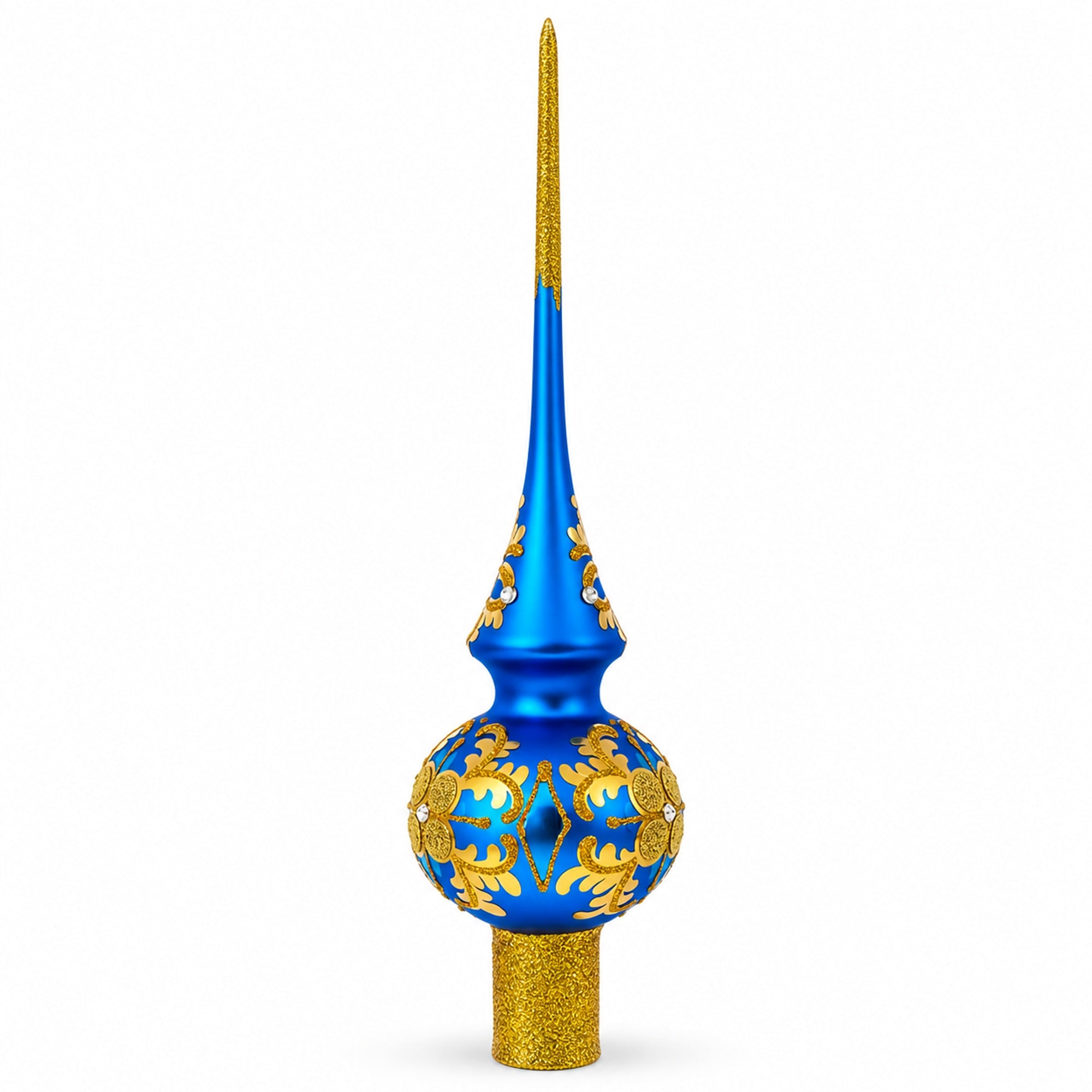 Jeweled Golden Leaves on Blue Glass Christmas Tree Topper 11 Inches