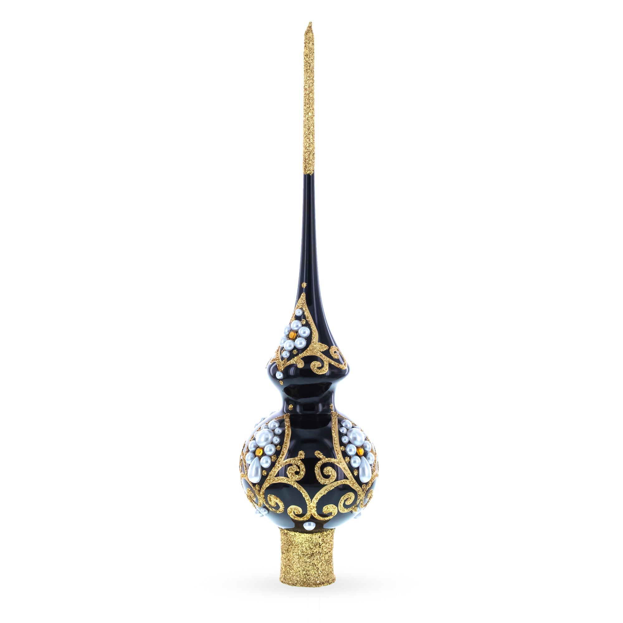 Black and Gold Filigree Design Glass Christmas Tree Topper 11 Inches
