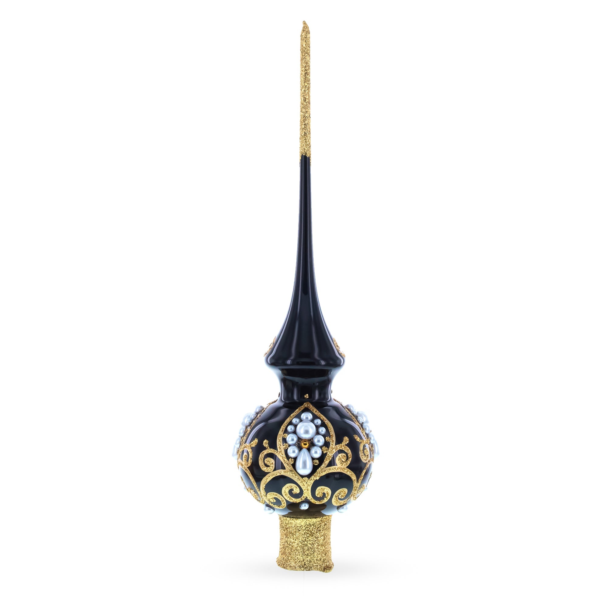Black and Gold Filigree Design Glass Christmas Tree Topper 11 Inches