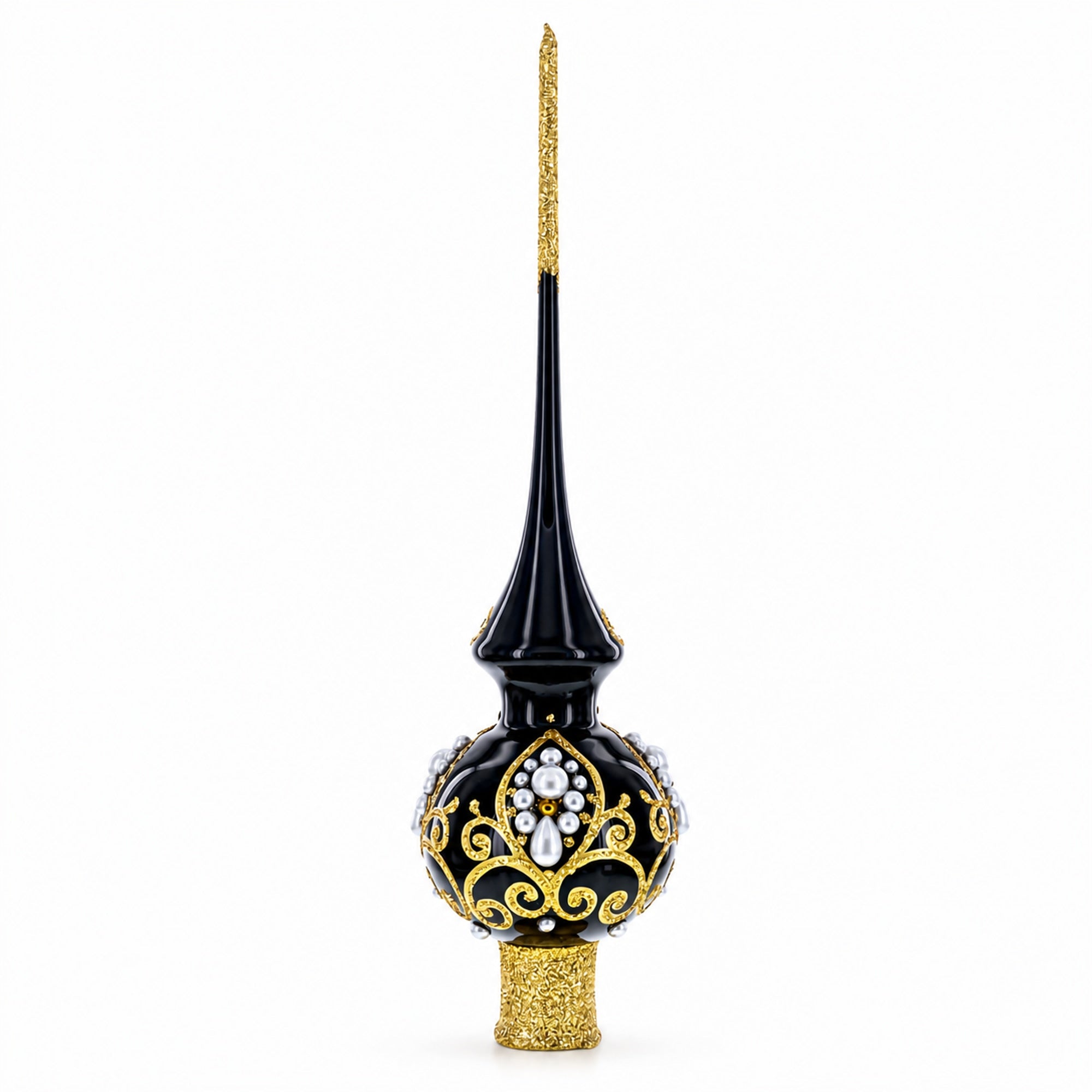 Black and Gold Filigree Design Glass Christmas Tree Topper 11 Inches