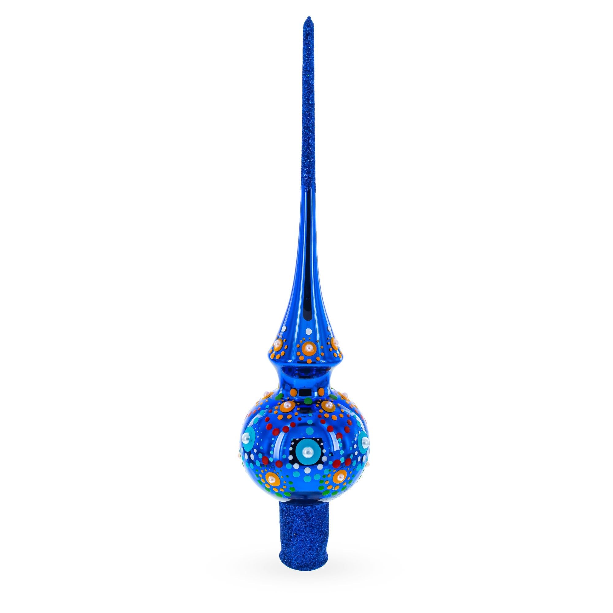 Glossy Blue with Festive Accents Glass Christmas Tree Topper 11 Inches
