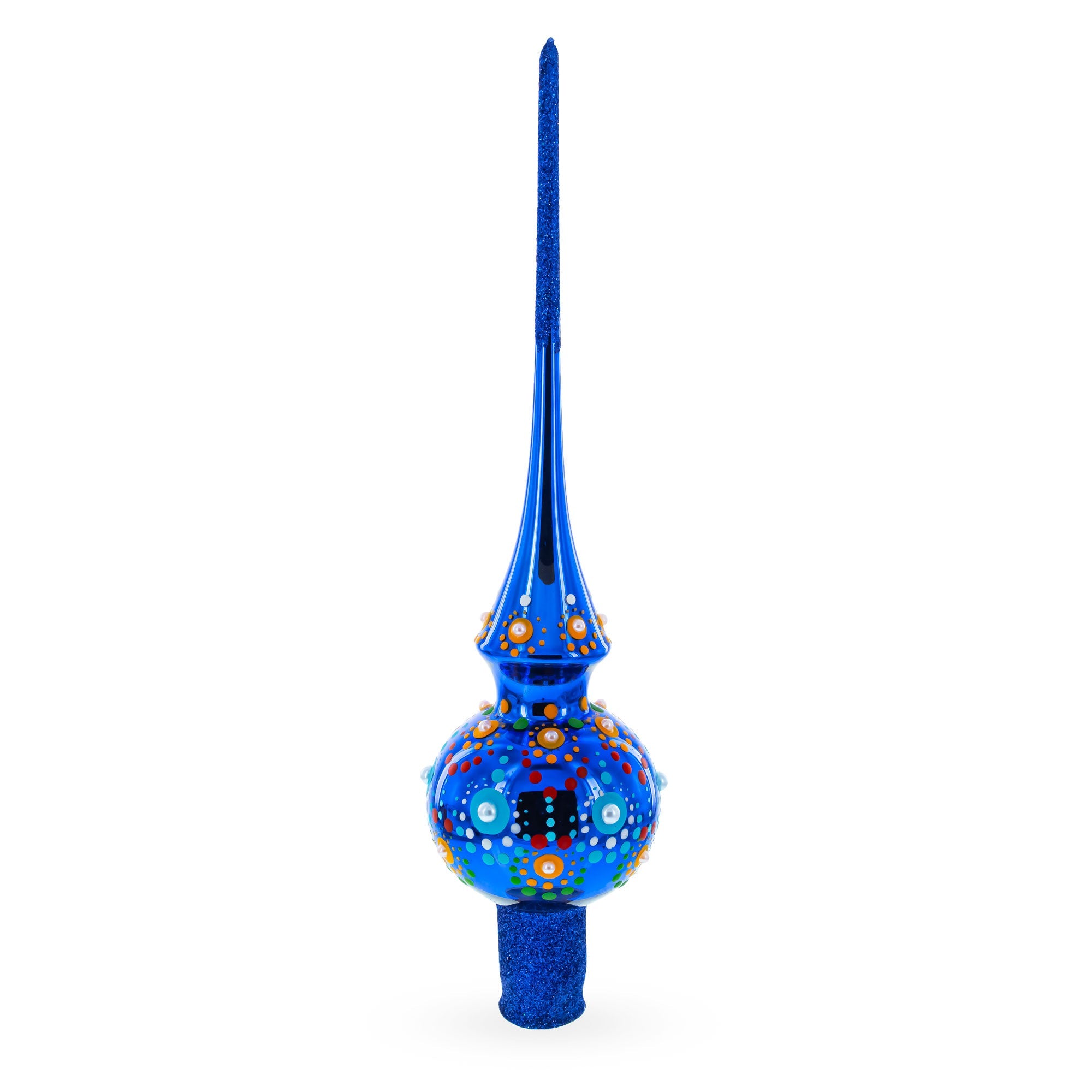 Glossy Blue with Festive Accents Glass Christmas Tree Topper 11 Inches