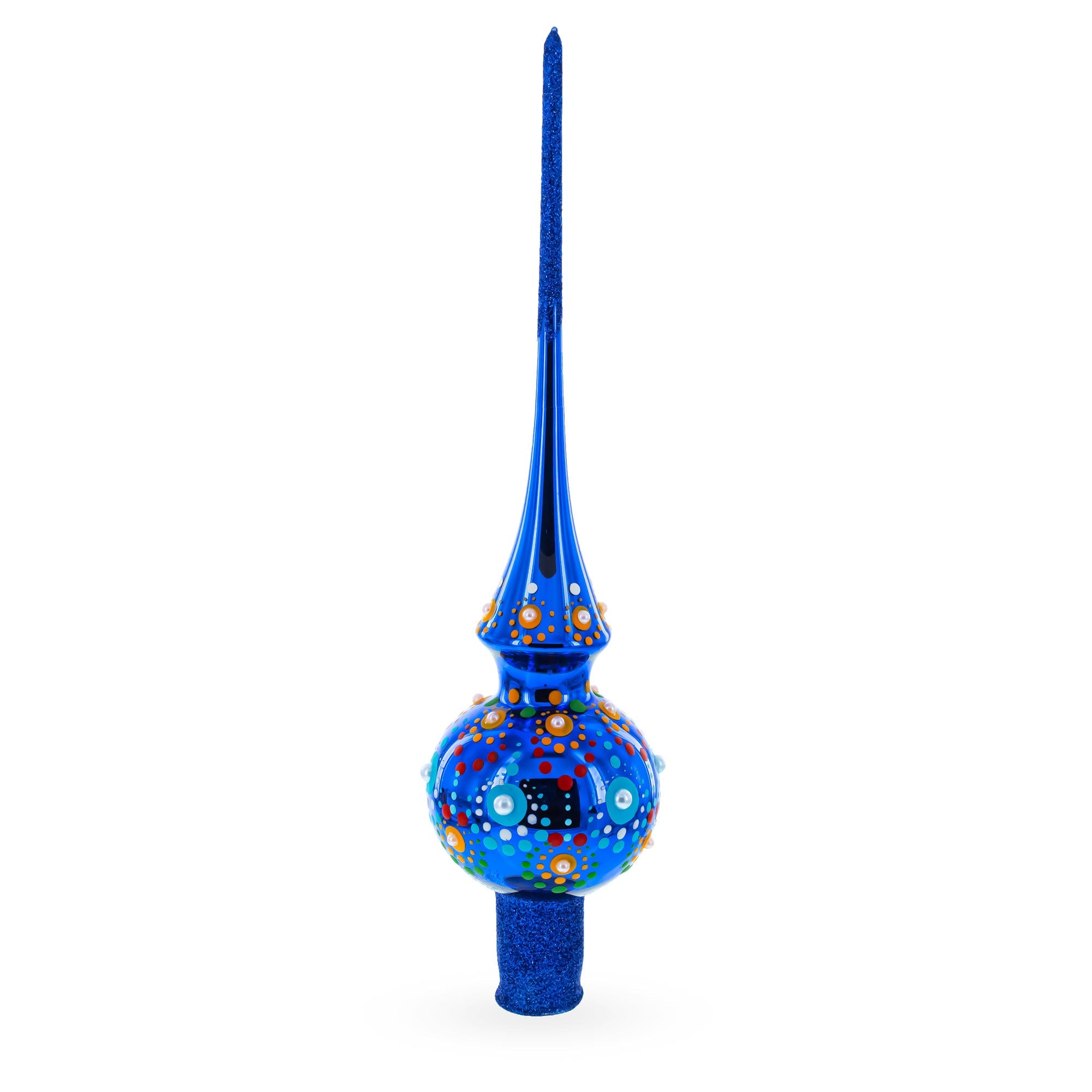 Glossy Blue with Festive Accents Glass Christmas Tree Topper 11 Inches
