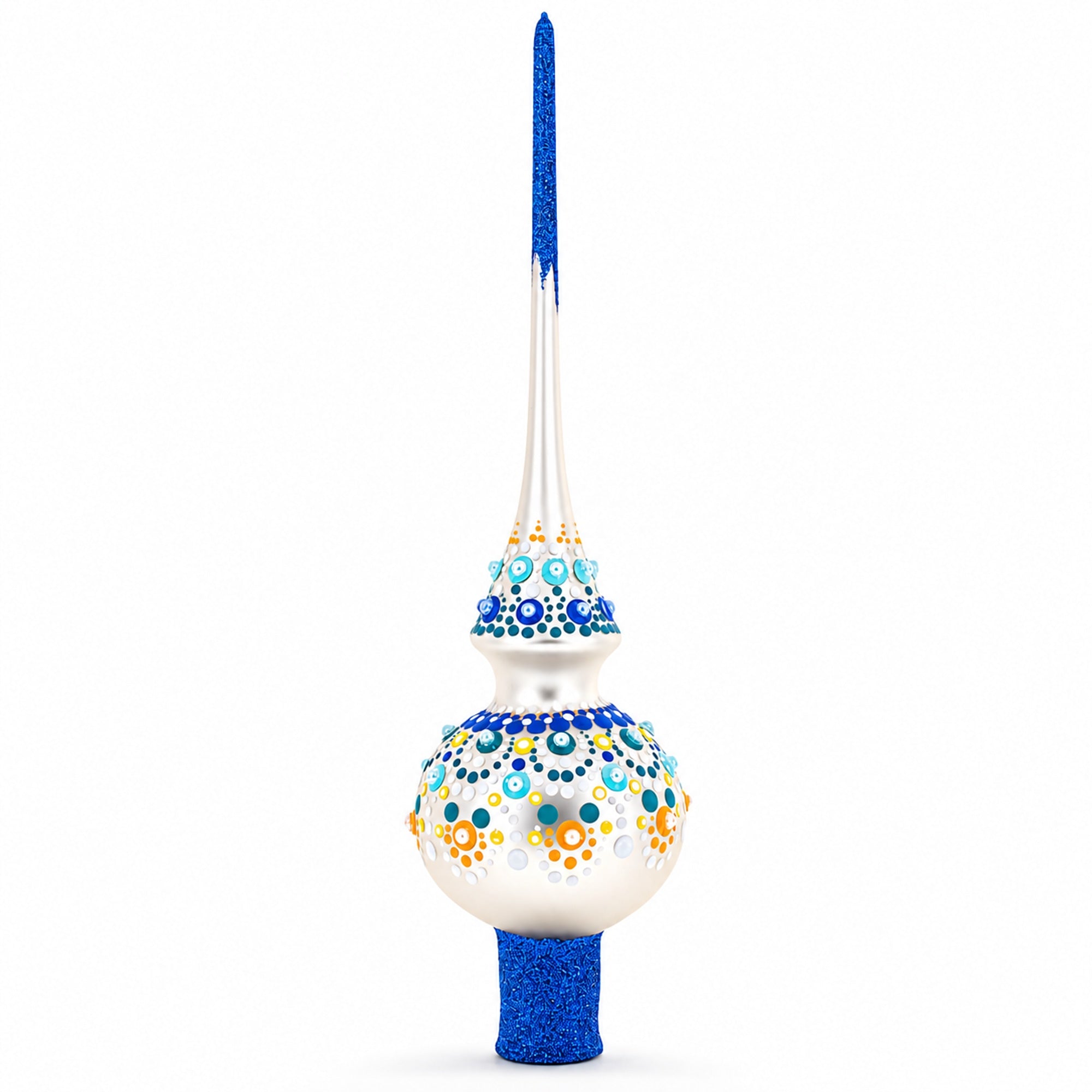 Chic Iridescent Pearl with Blue Embellishments Glass Christmas Tree Topper 11 Inches