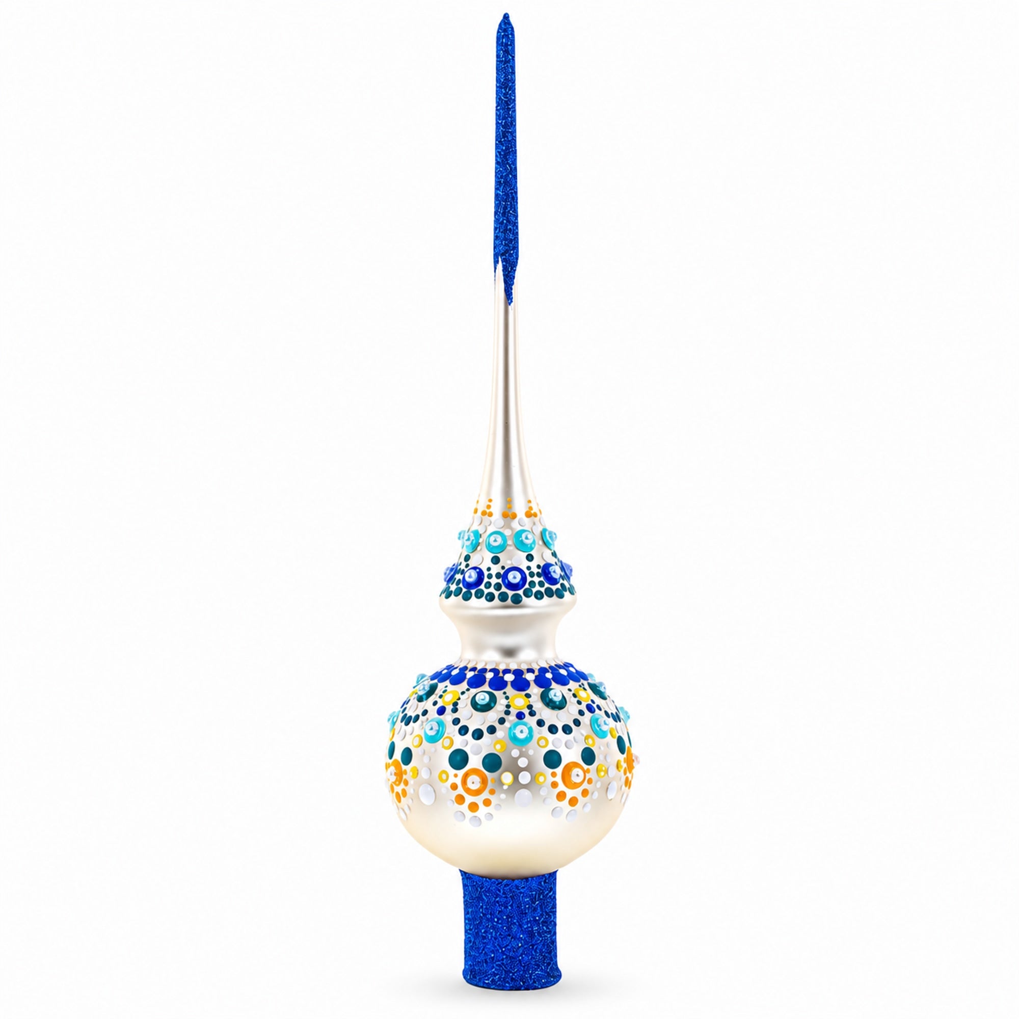 Chic Iridescent Pearl with Blue Embellishments Glass Christmas Tree Topper 11 Inches