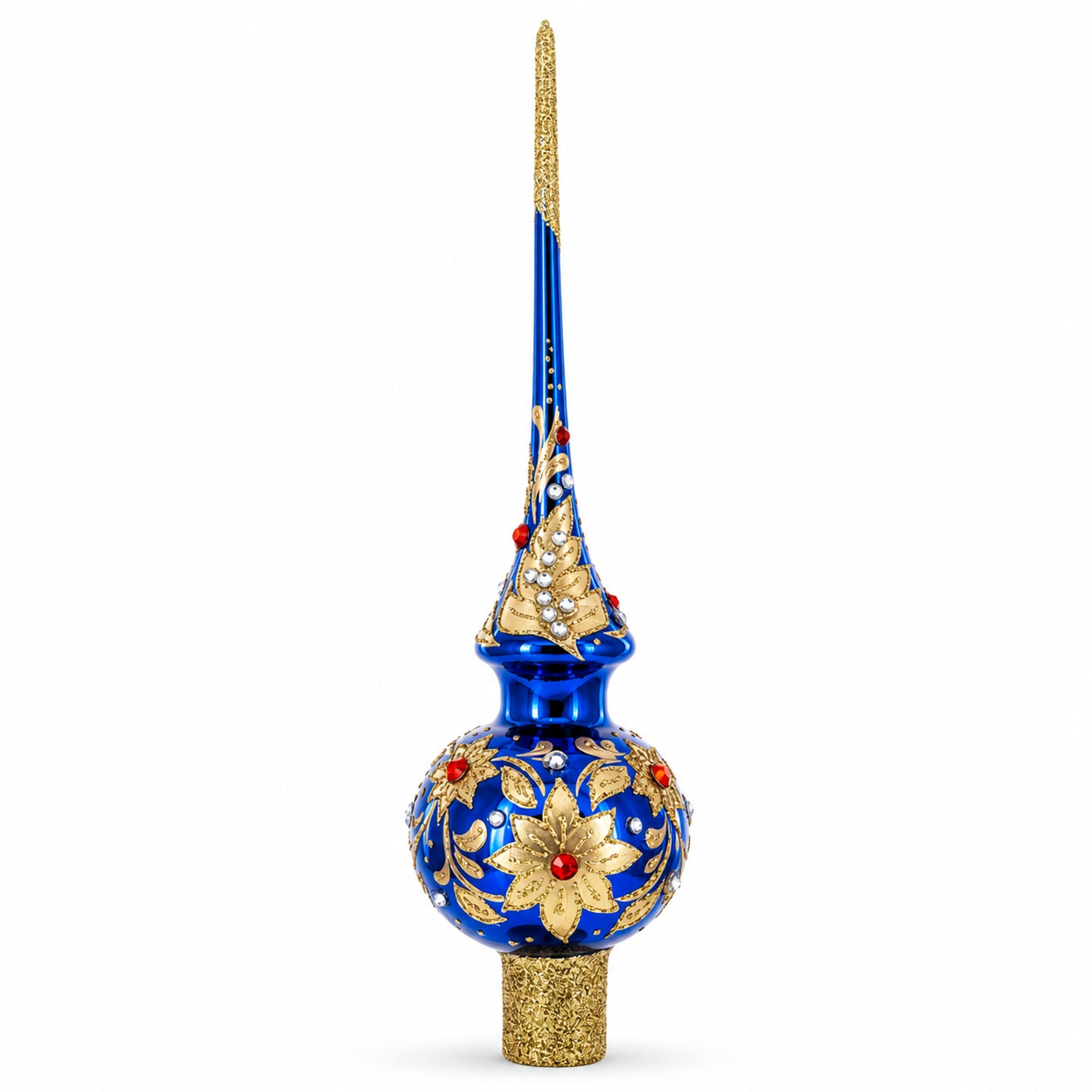Royal Blue and Gold Floral Majesty Glass Christmas Tree Topper 11 Inches