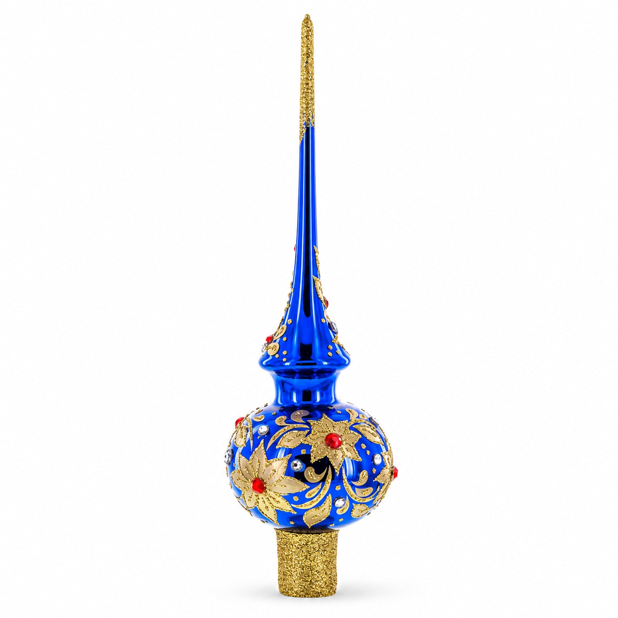 Royal Blue and Gold Floral Majesty Glass Christmas Tree Topper 11 Inches