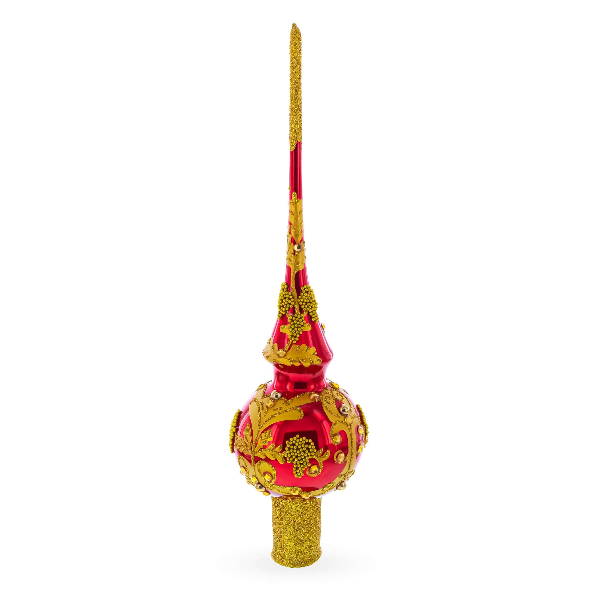 Luxurious Crimson Red with Golden Glitter Glass Christmas Tree Topper 11 Inches