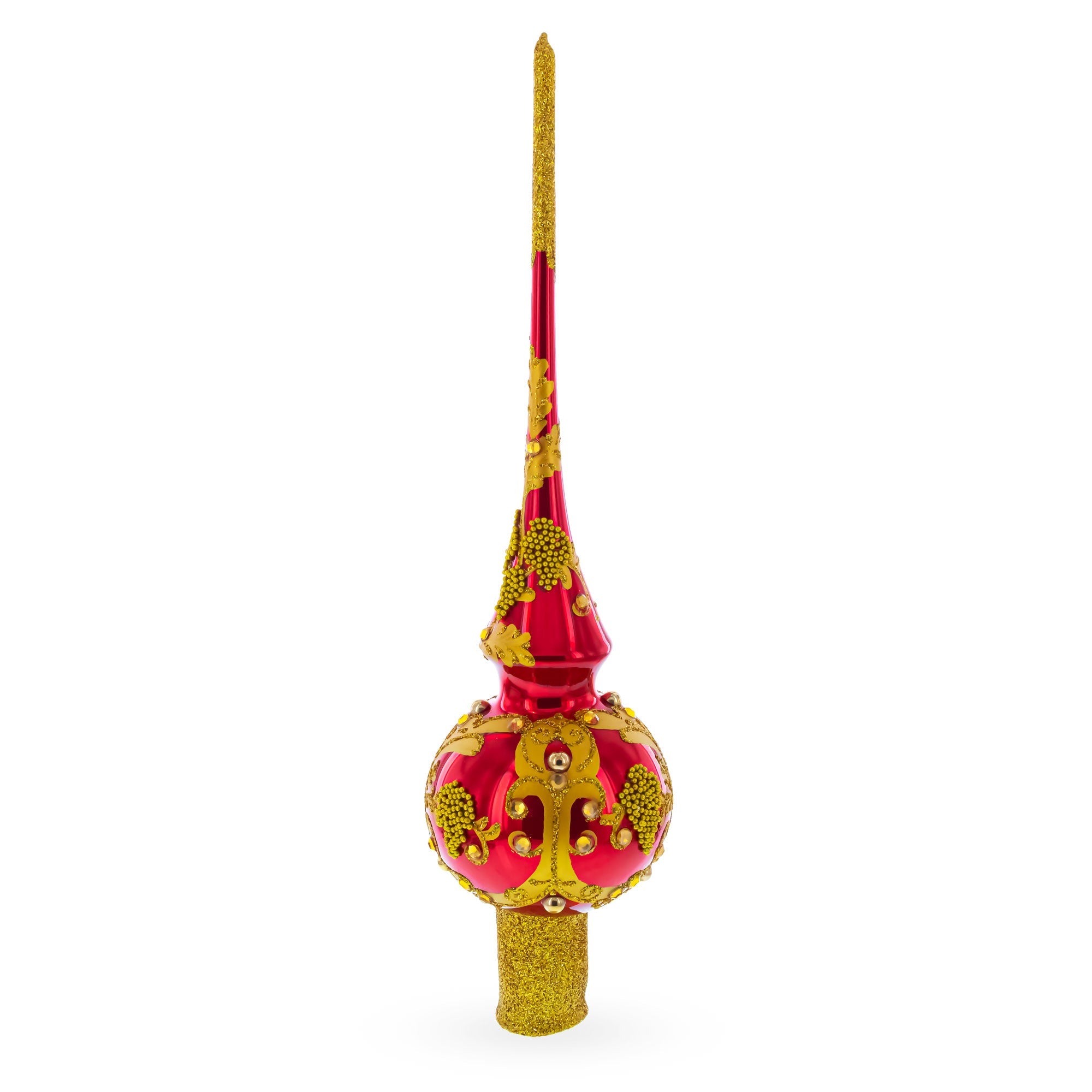 Luxurious Crimson Red with Golden Glitter Glass Christmas Tree Topper 11 Inches