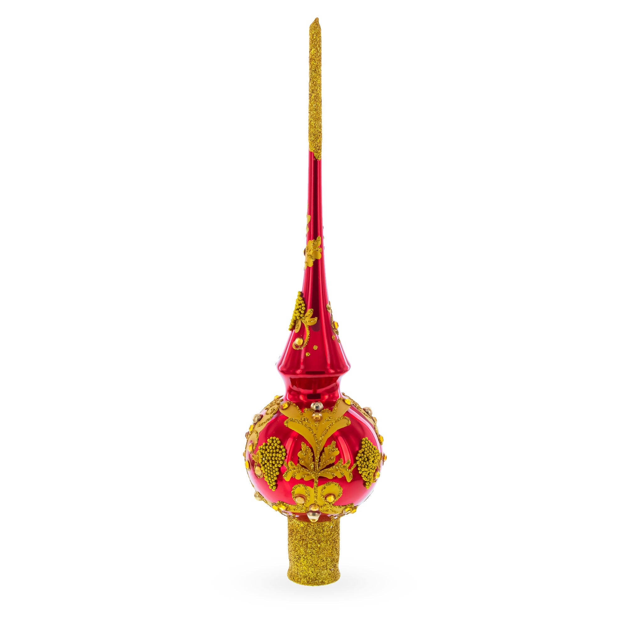 Luxurious Crimson Red with Golden Glitter Glass Christmas Tree Topper 11 Inches