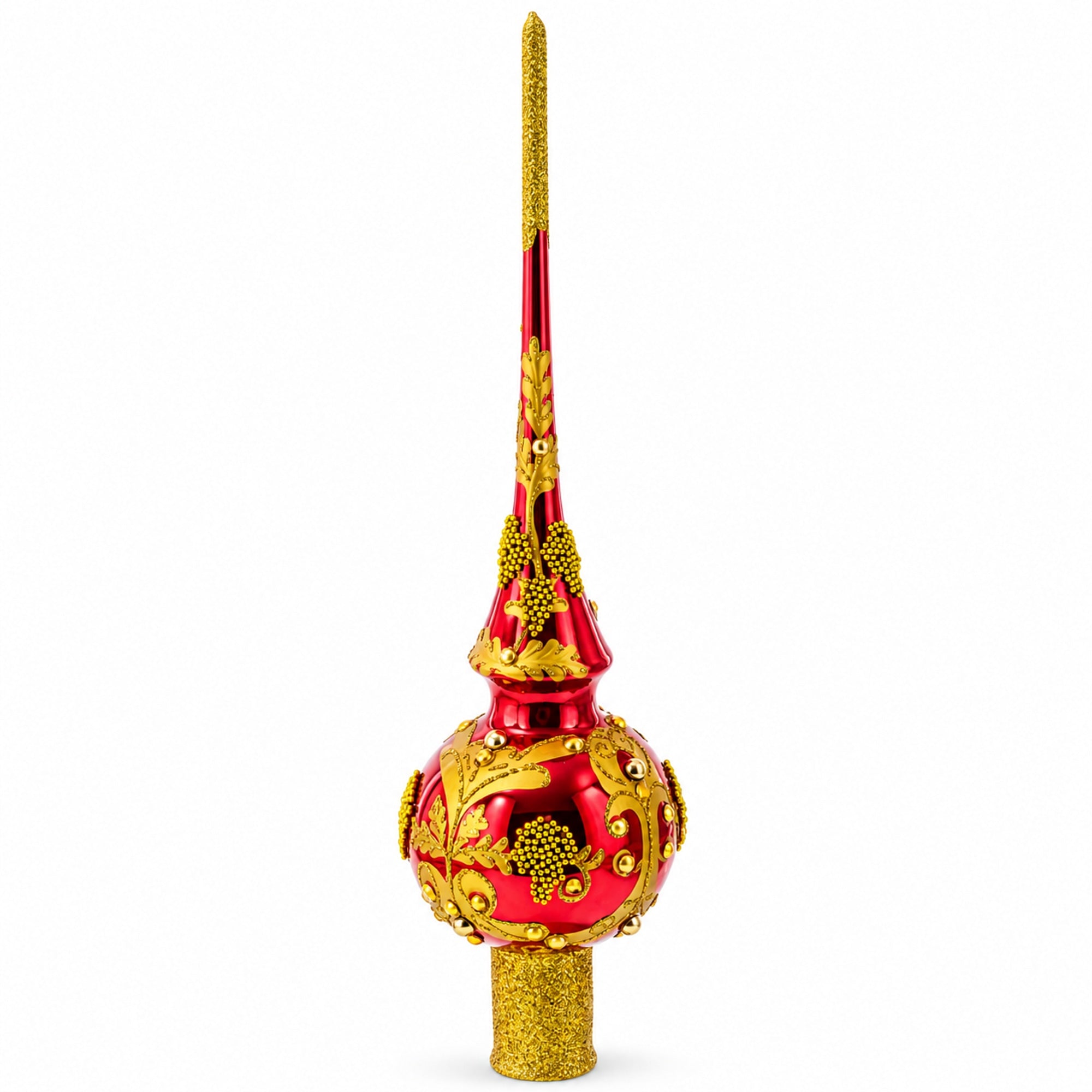 Luxurious Crimson Red with Golden Glitter Glass Christmas Tree Topper 11 Inches