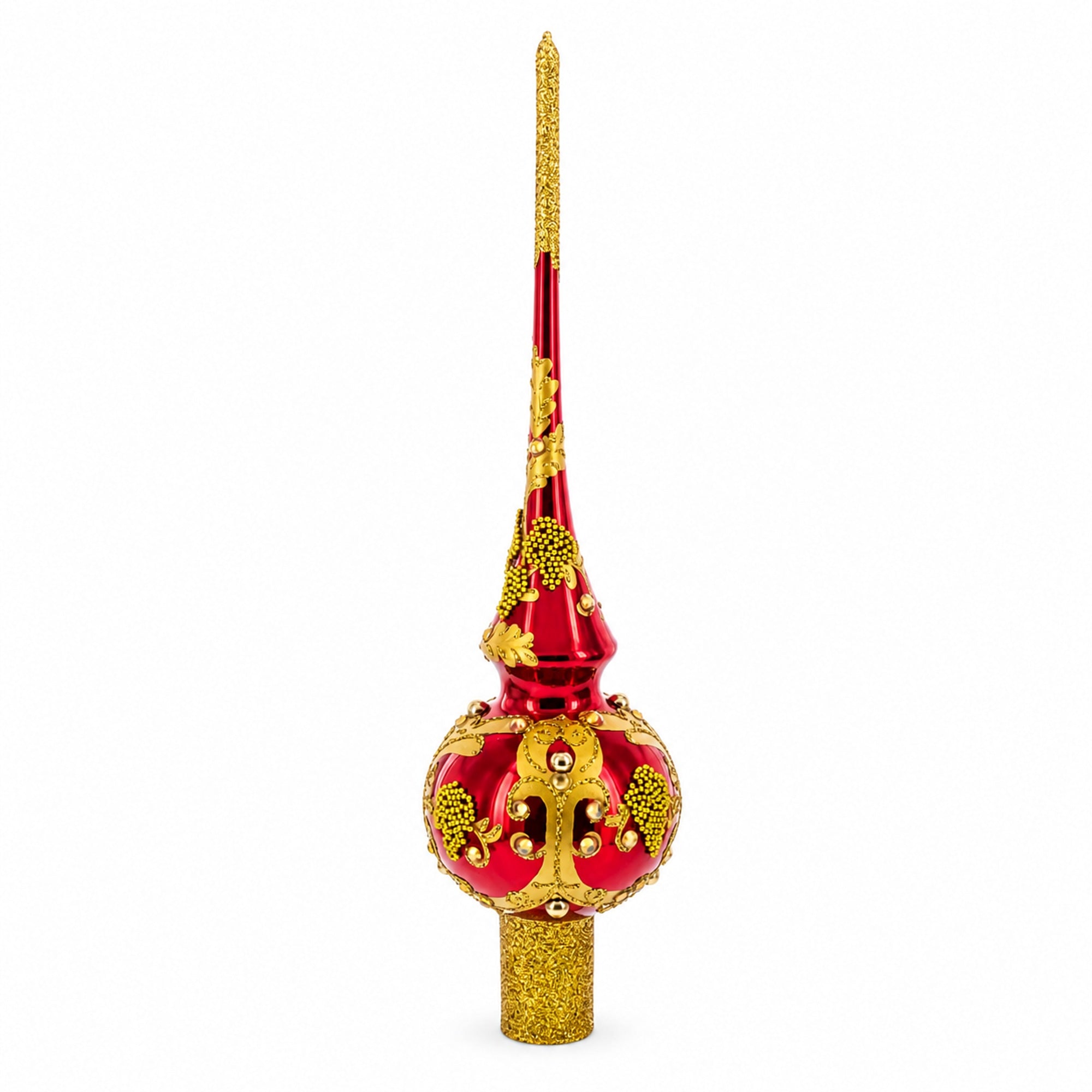 Luxurious Crimson Red with Golden Glitter Glass Christmas Tree Topper 11 Inches