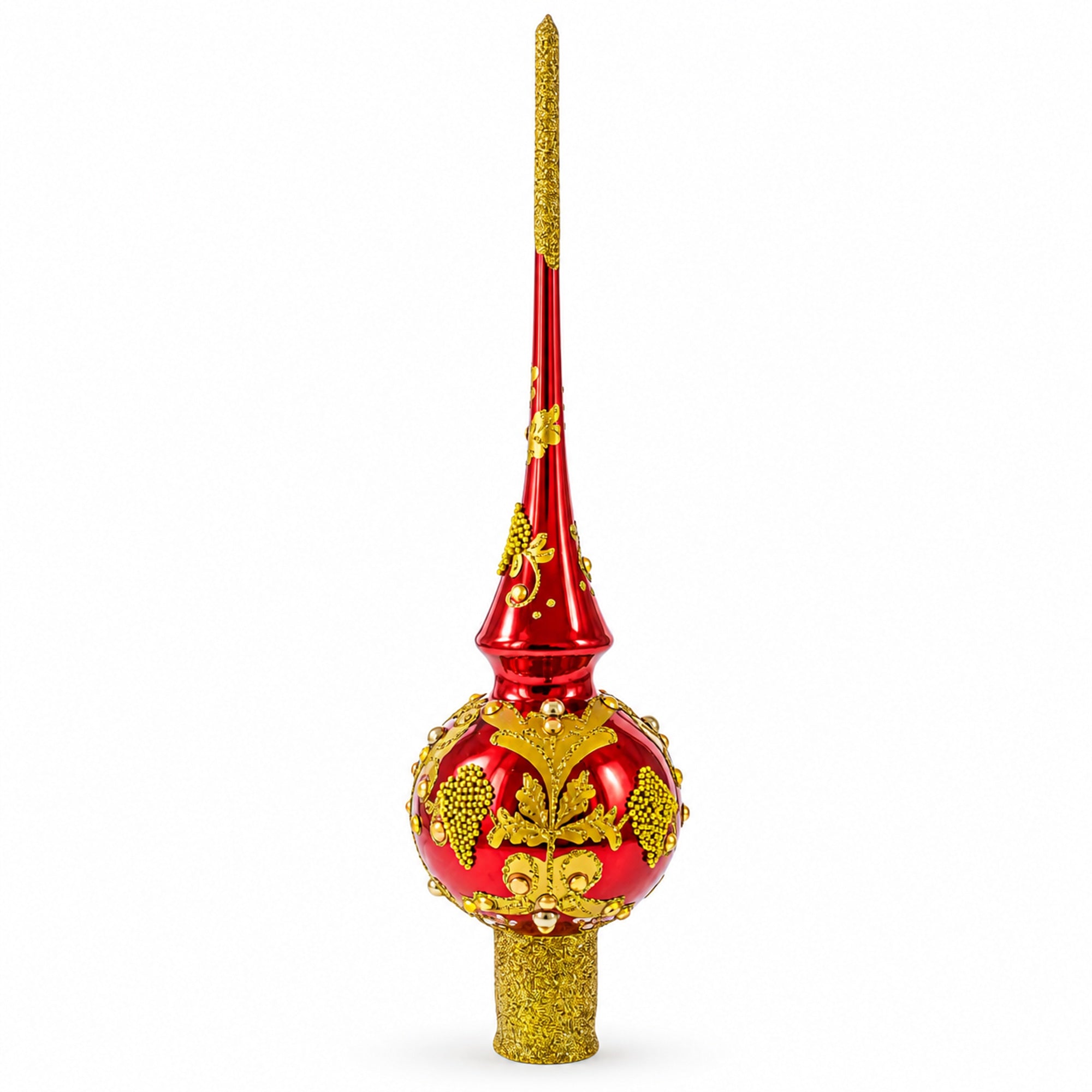 Luxurious Crimson Red with Golden Glitter Glass Christmas Tree Topper 11 Inches