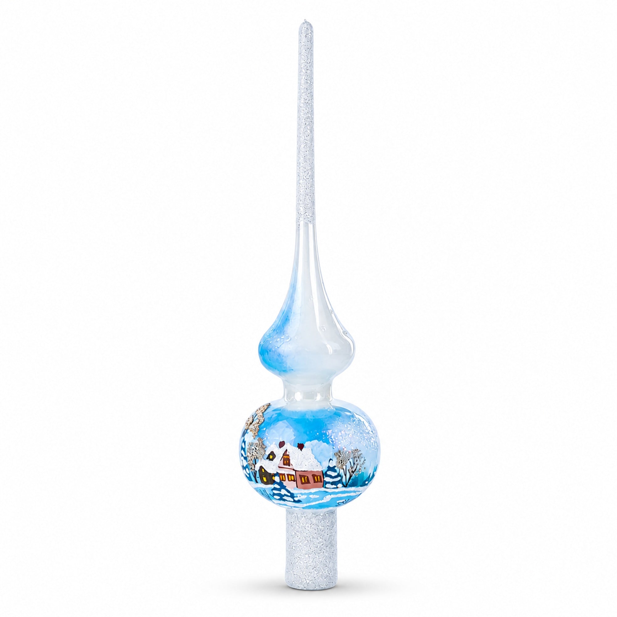 Winter Wonderland Scene with Sparkling Snow Glass Christmas Tree Topper 11 Inches