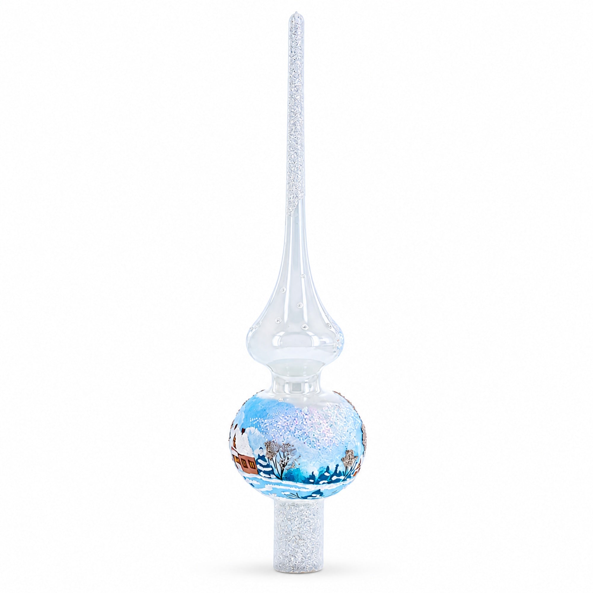 Winter Wonderland Scene with Sparkling Snow Glass Christmas Tree Topper 11 Inches
