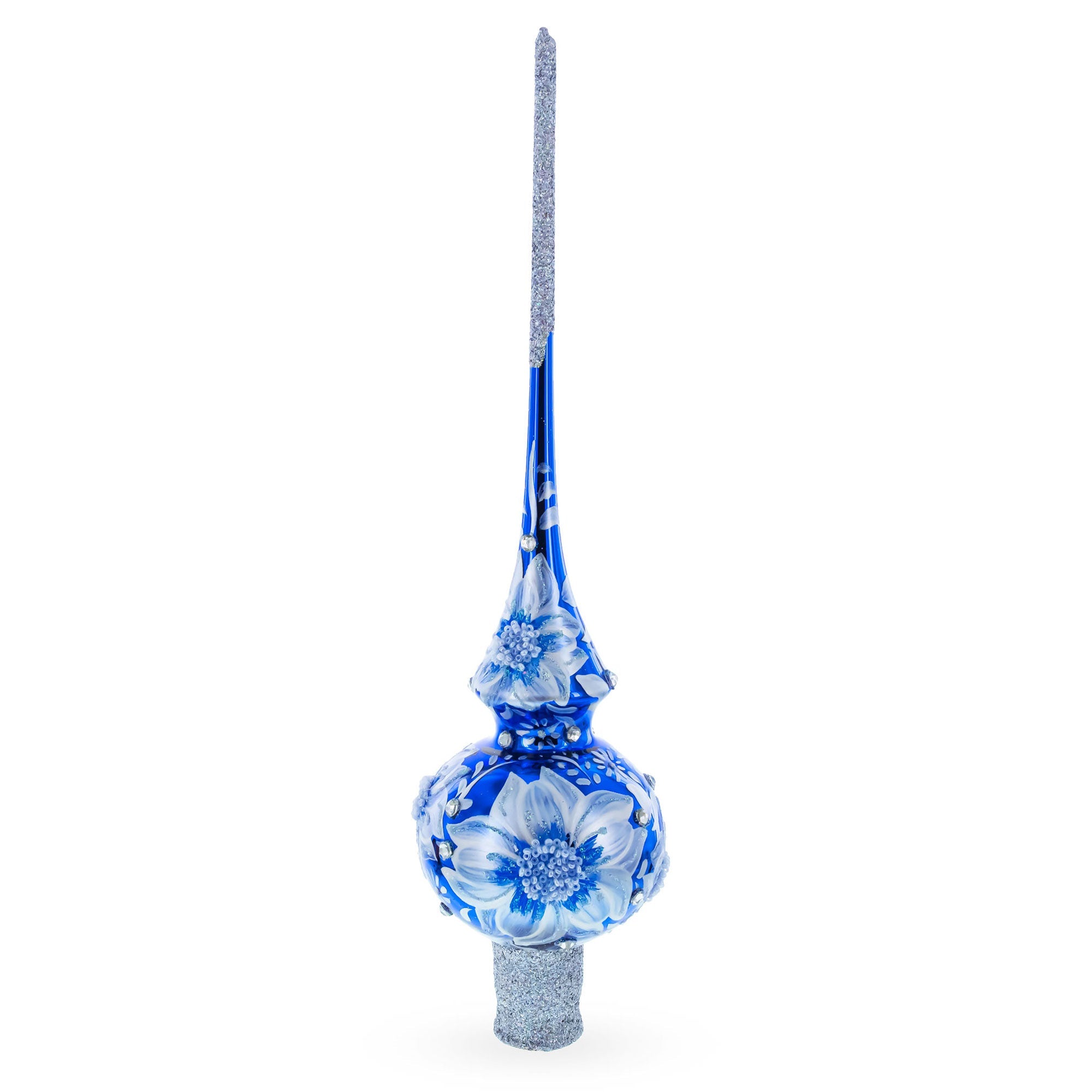 Elegant Cobalt Bloom with Glittering Accents Glass Christmas Tree Topper 11 Inches