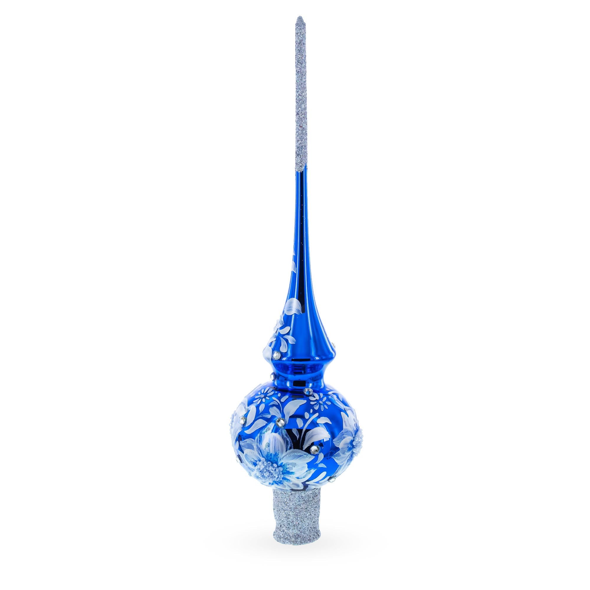 Elegant Cobalt Bloom with Glittering Accents Glass Christmas Tree Topper 11 Inches