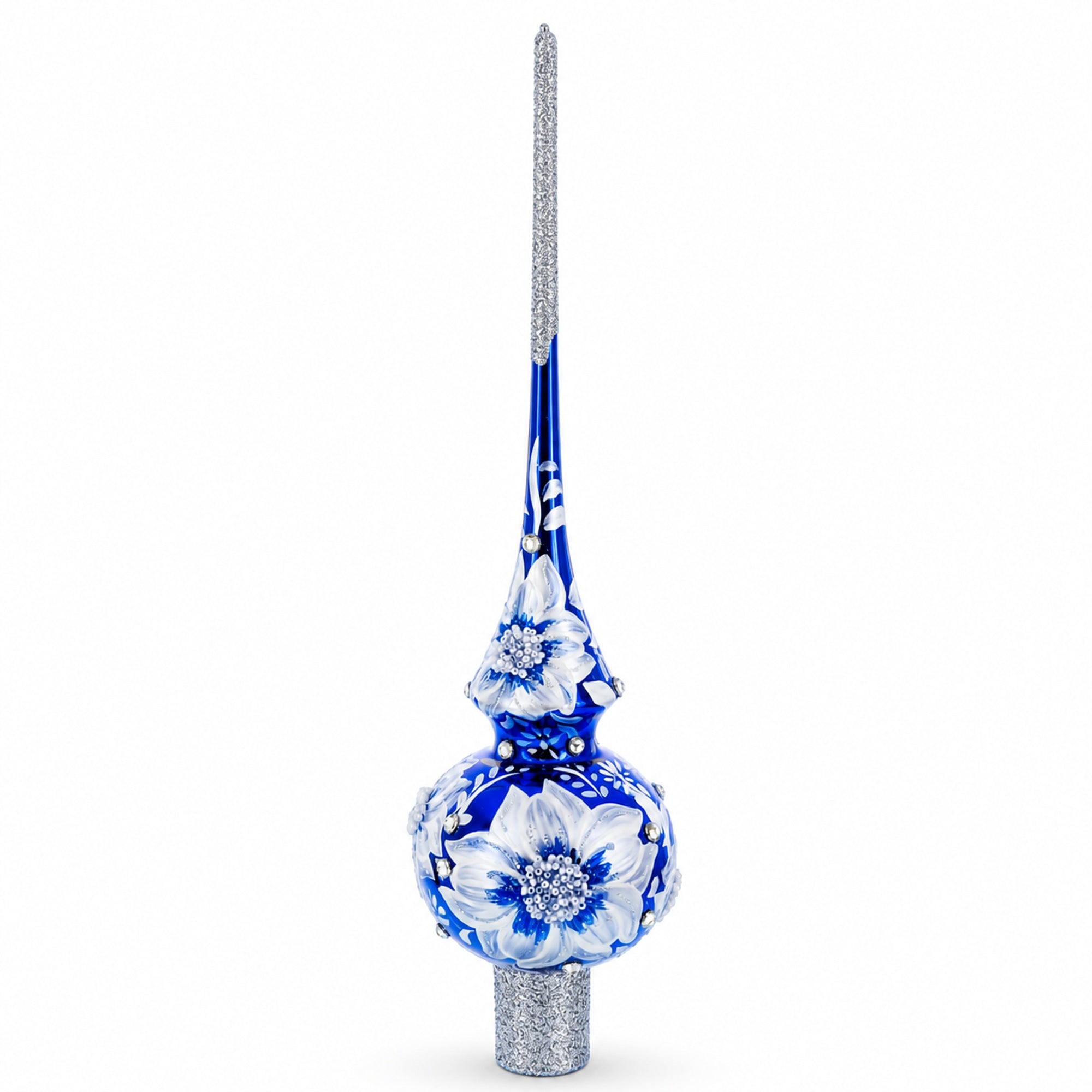 Elegant Cobalt Bloom with Glittering Accents Glass Christmas Tree Topper 11 Inches