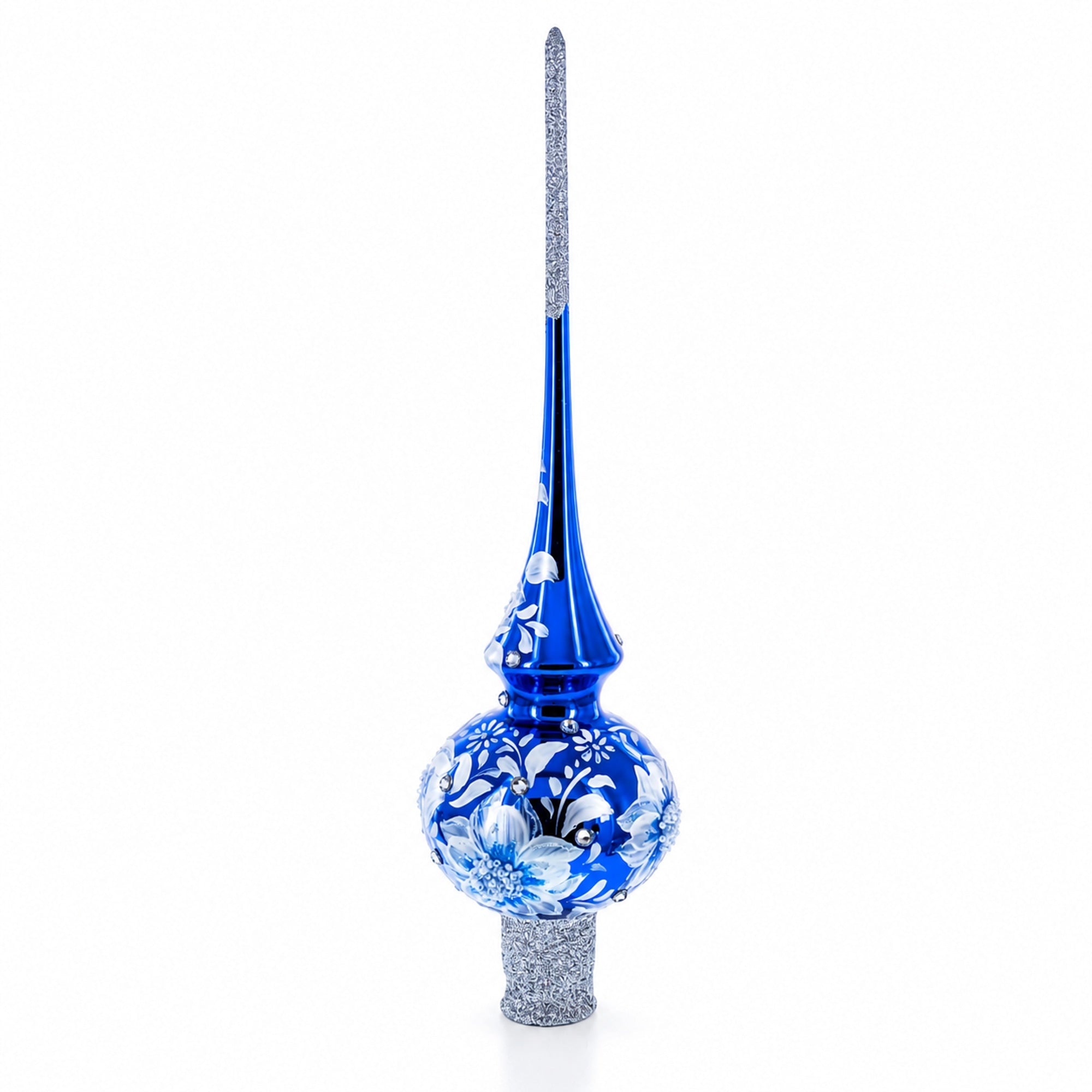 Elegant Cobalt Bloom with Glittering Accents Glass Christmas Tree Topper 11 Inches
