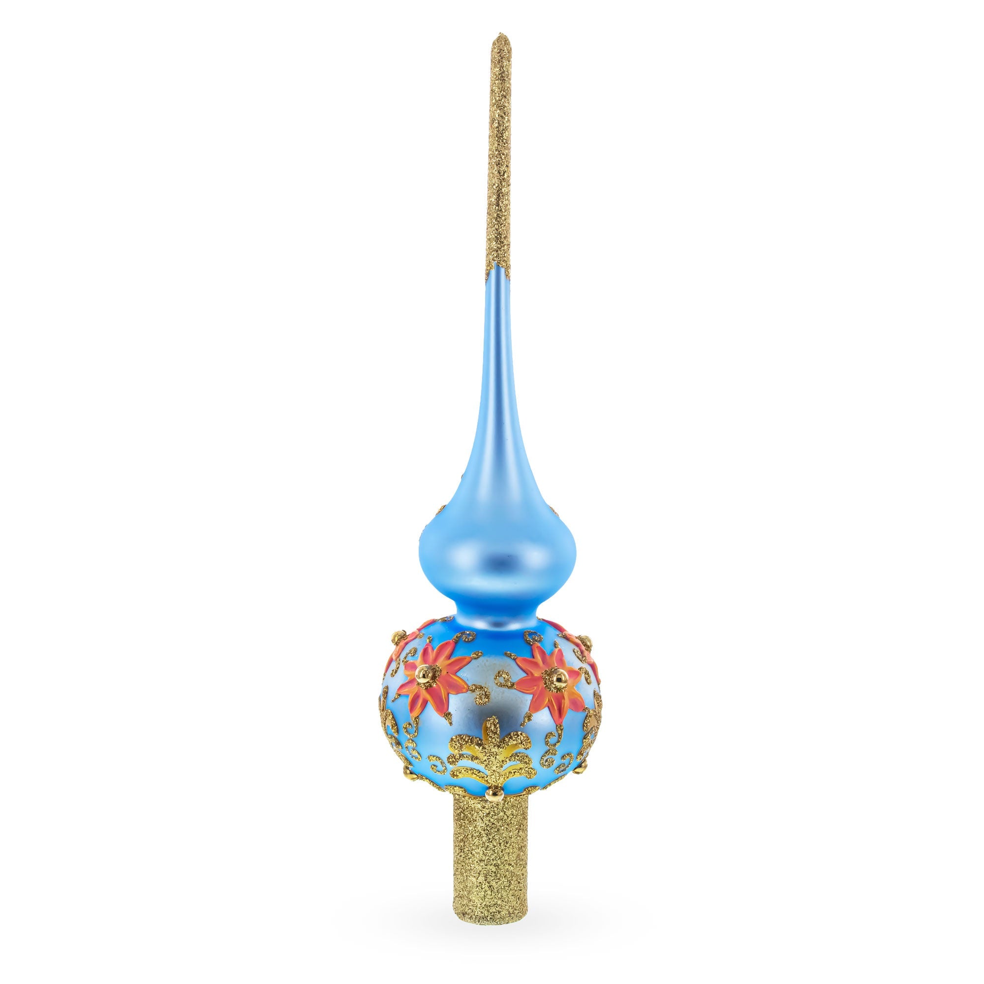 Exquisite Blue and Gold Floral Glass Christmas Tree Topper 11 Inches