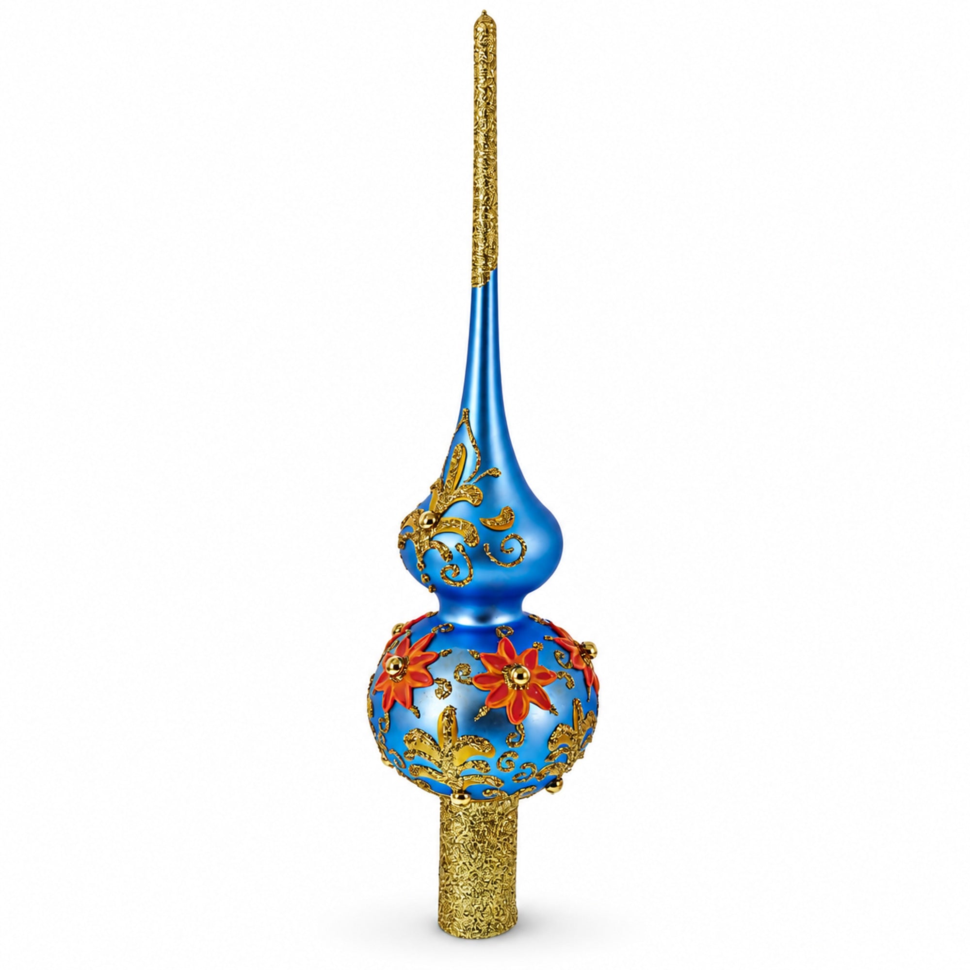 Exquisite Blue and Gold Floral Glass Christmas Tree Topper 11 Inches