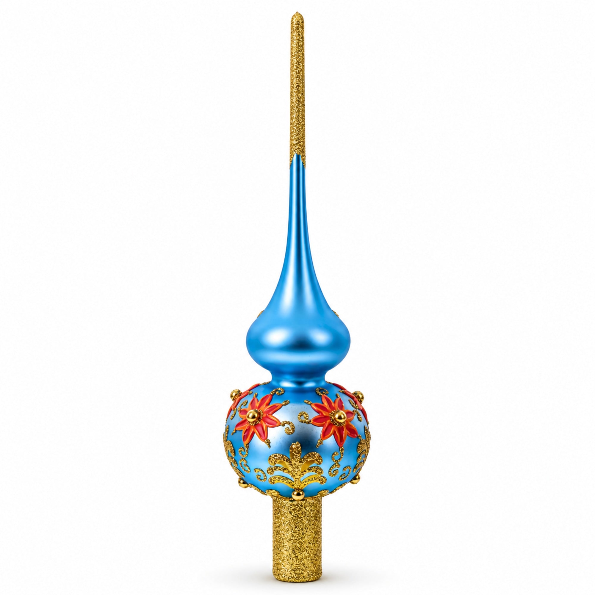 Exquisite Blue and Gold Floral Glass Christmas Tree Topper 11 Inches