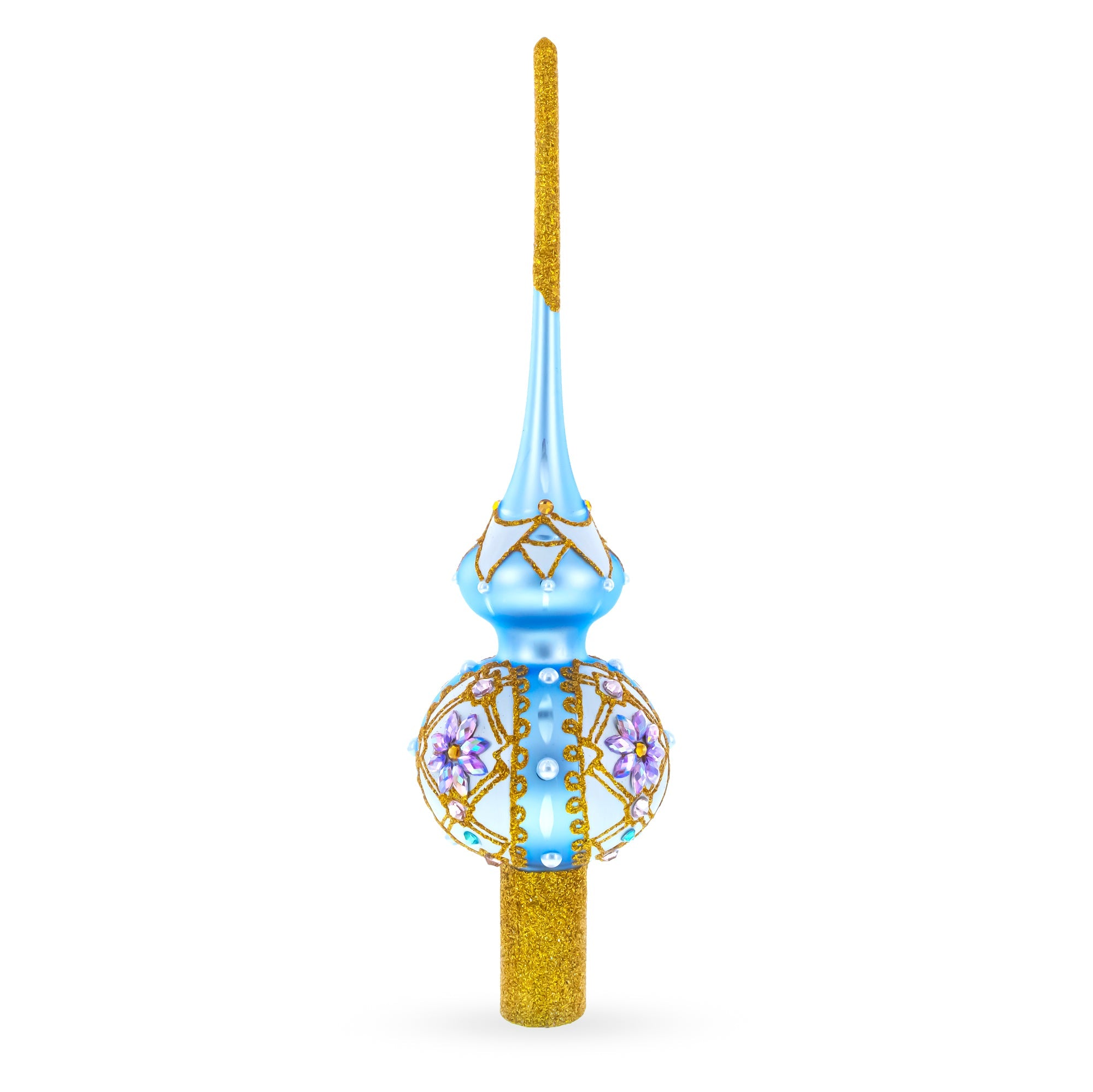Elegant Blue and Purple Jewel-Encrusted Glass  Tree Topper 11 Inches