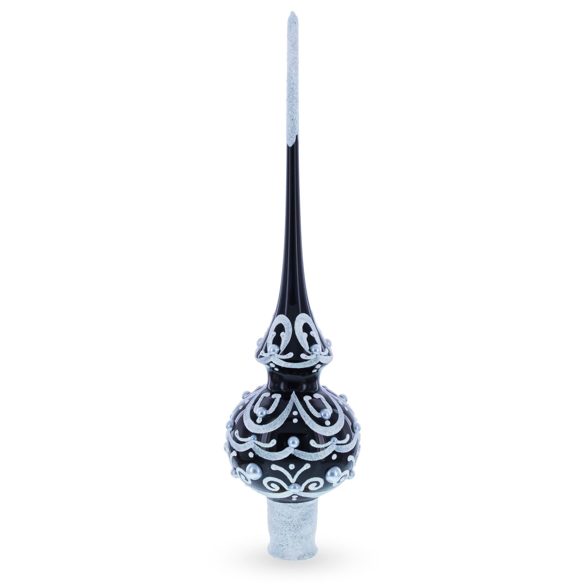 Black & White Scroll Pear Glass Christmas Tree Topper 11 Inches