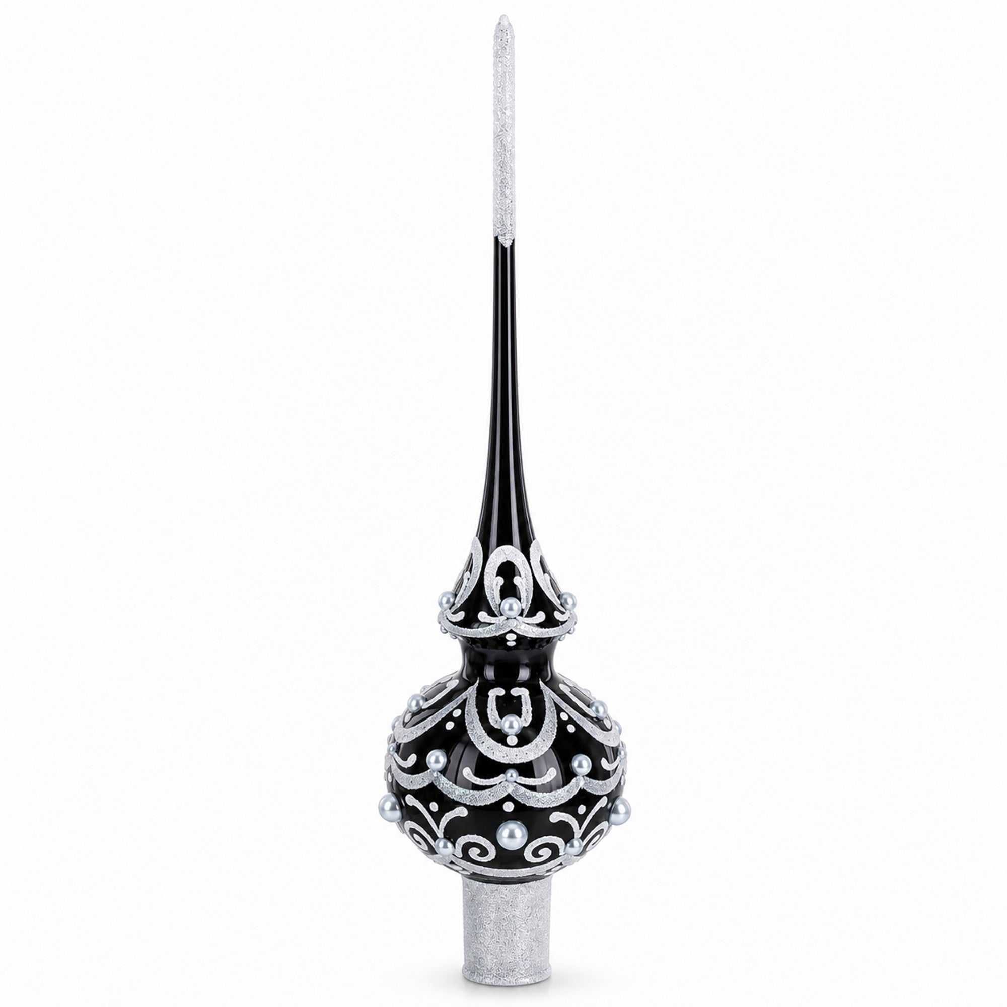 Black & White Scroll Pear Glass Christmas Tree Topper 11 Inches