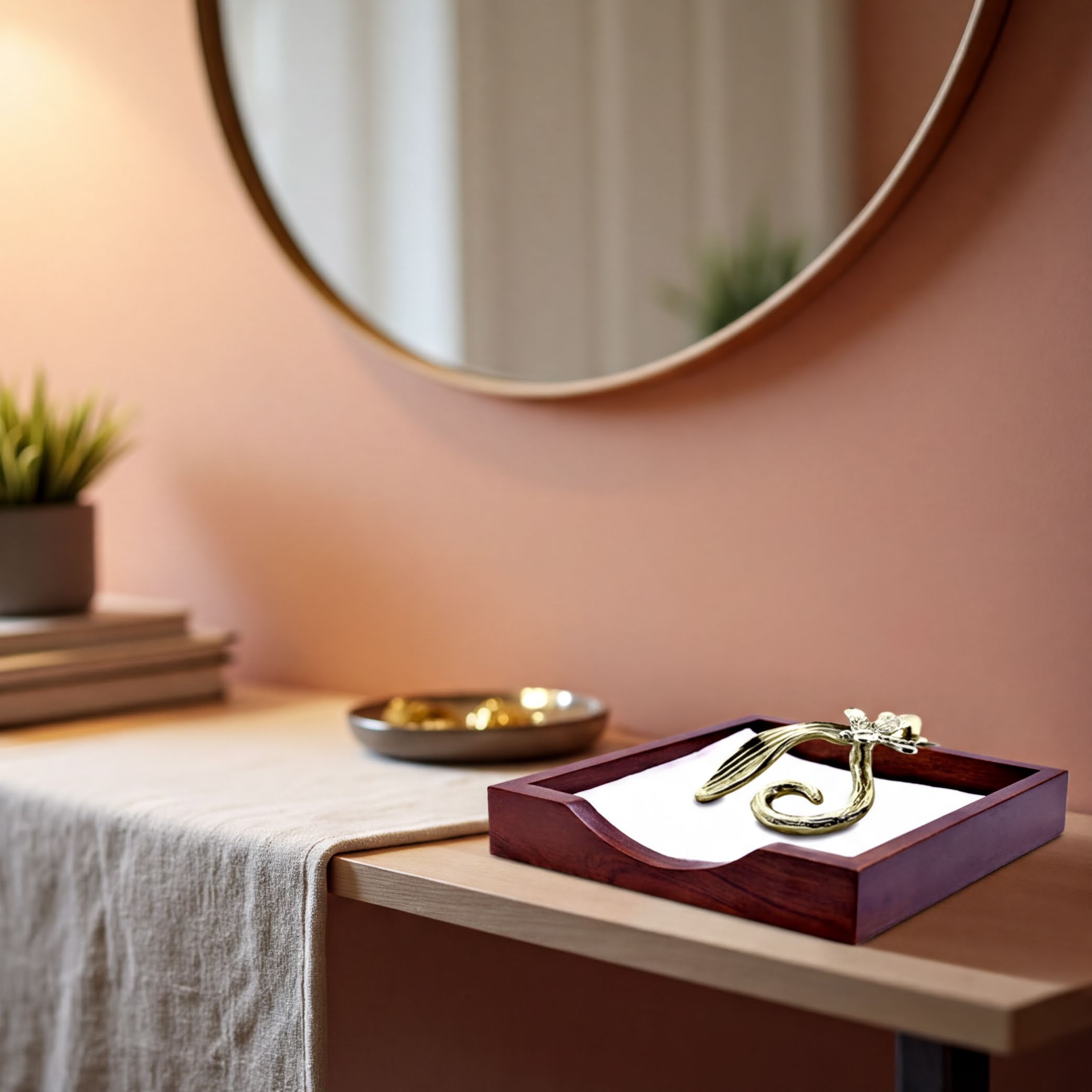 Wooden Napkin Holder - Silver Gold Metal Finish Ornament with Weighted Arm