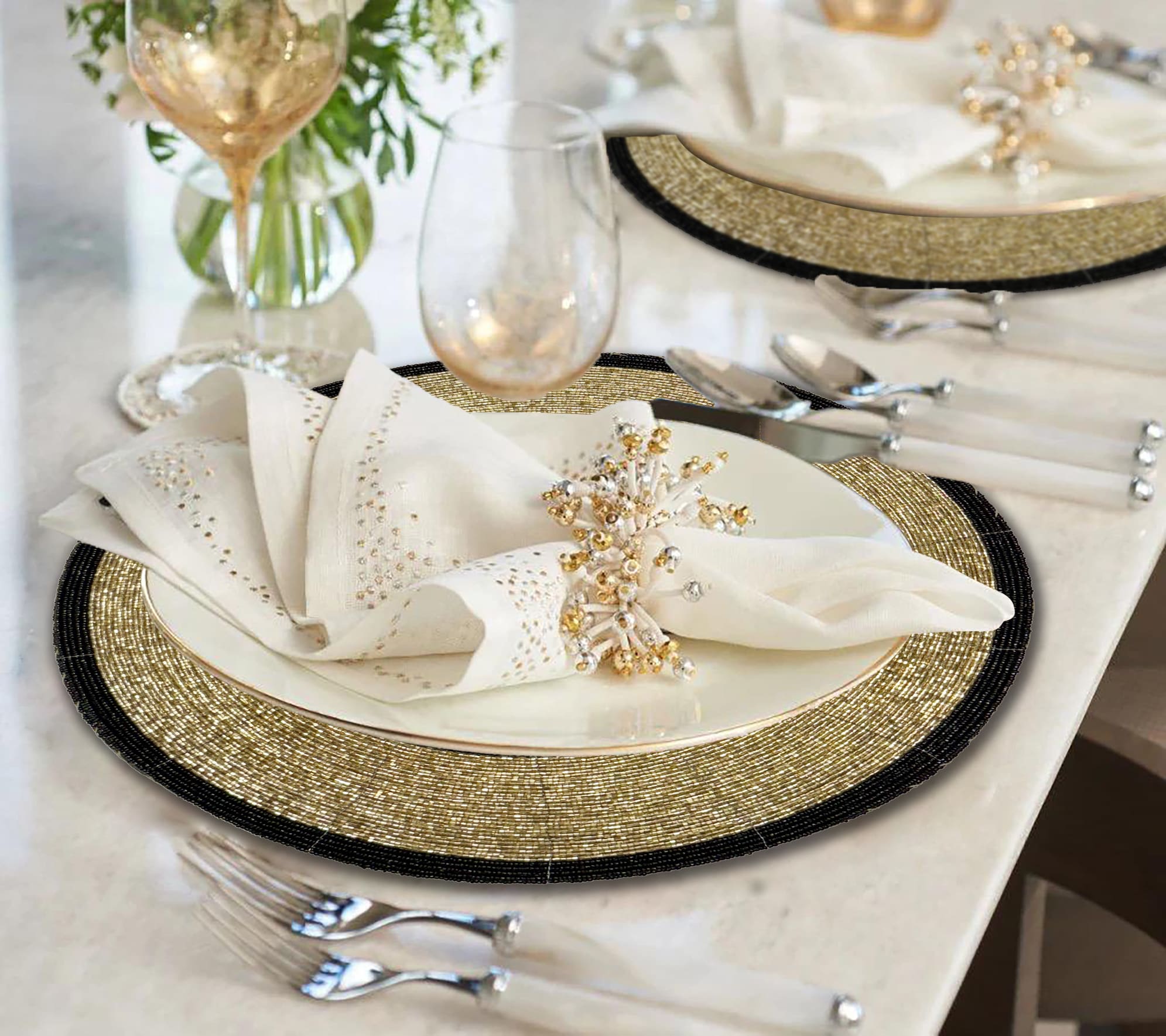Golden Noir – Round Beaded Placemats in Black and Gold, Luxurious Decorative Dining Table Mats 14 inch