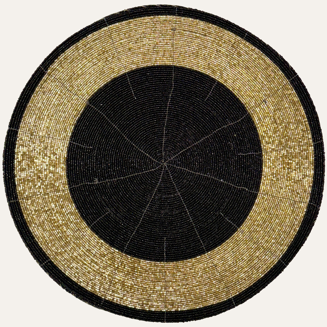 Golden Noir – Round Beaded Placemats in Black and Gold, Luxurious Decorative Dining Table Mats 14 inch