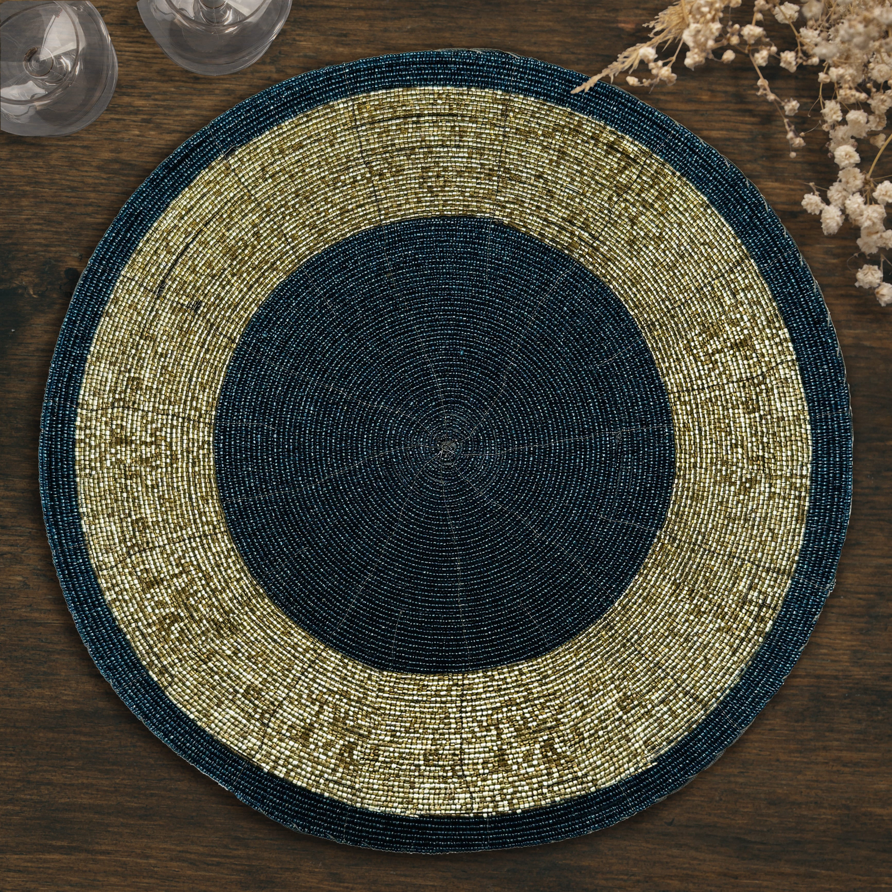Midnight Dusk – Round Beaded Placemats, Dark Blue and Gold Elegant Heat-Resistant Table Mats 14 inch