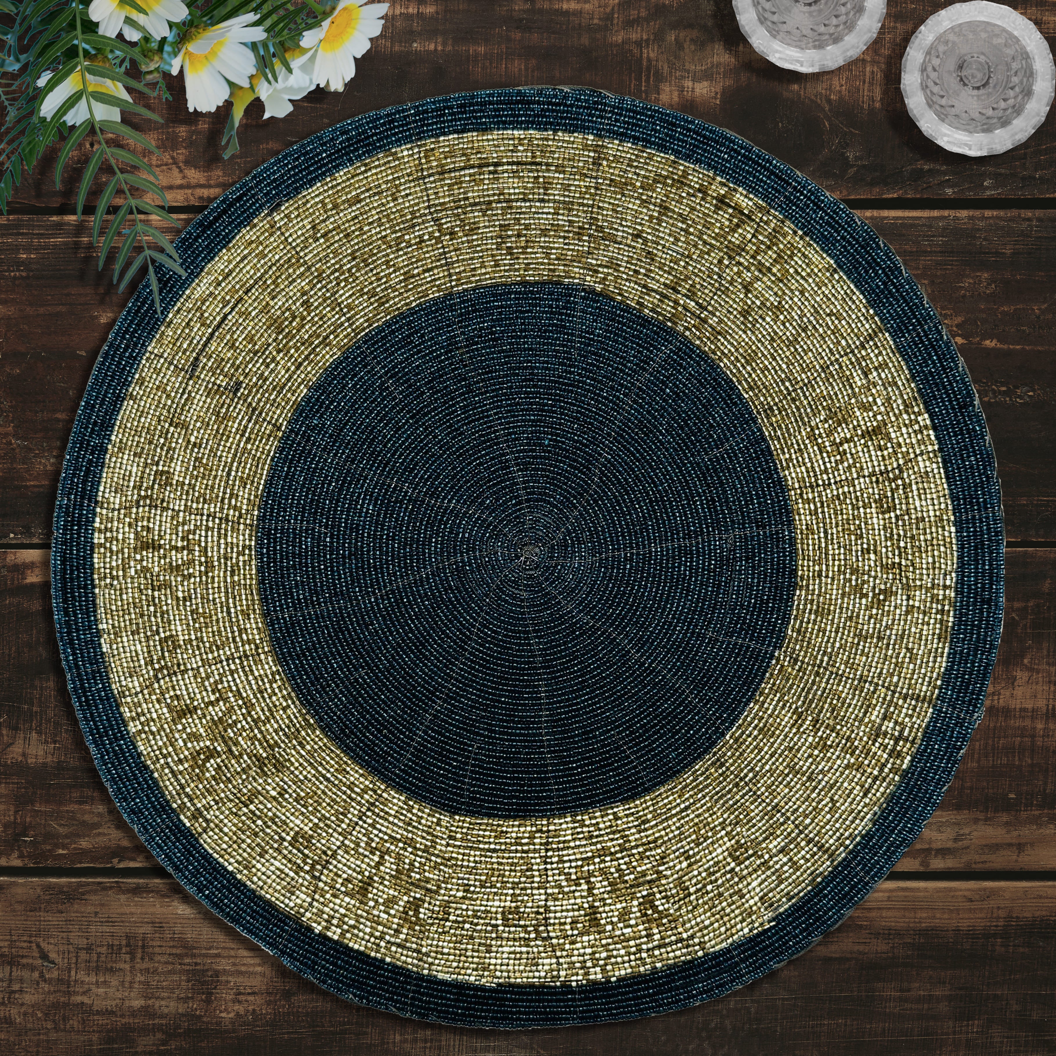 Midnight Dusk – Round Beaded Placemats, Dark Blue and Gold Elegant Heat-Resistant Table Mats 14 inch