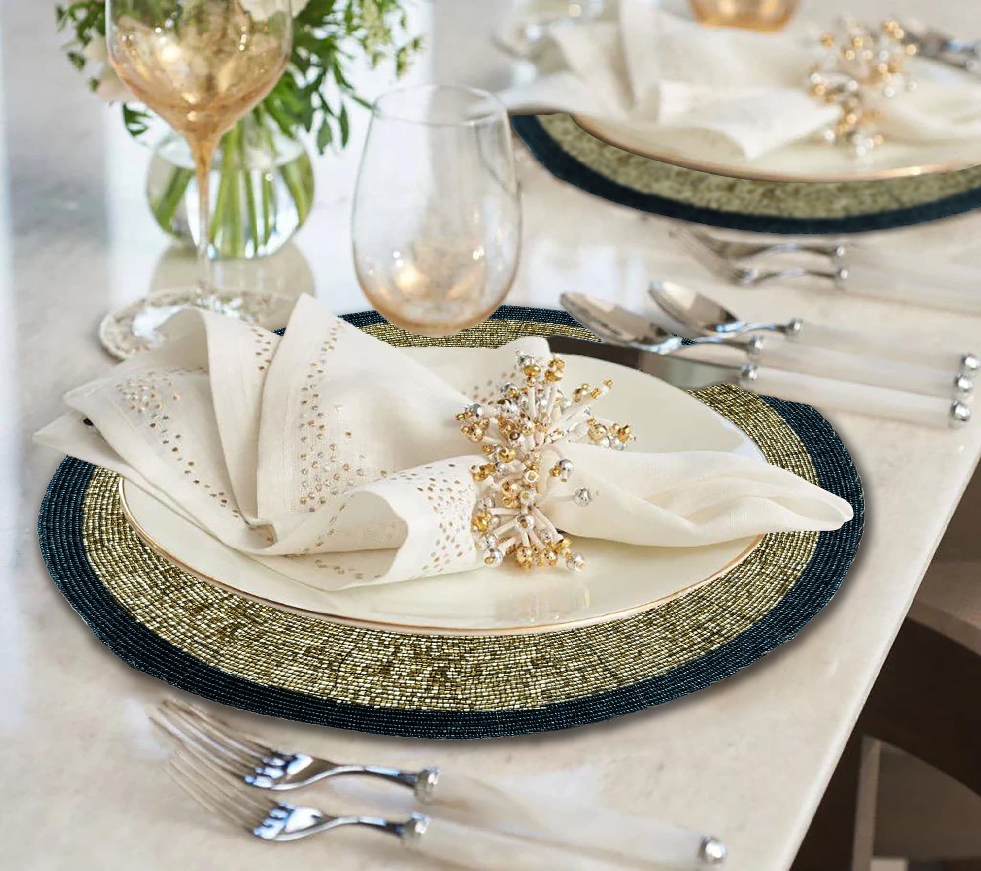 Midnight Dusk – Round Beaded Placemats, Dark Blue and Gold Elegant Heat-Resistant Table Mats 14 inch