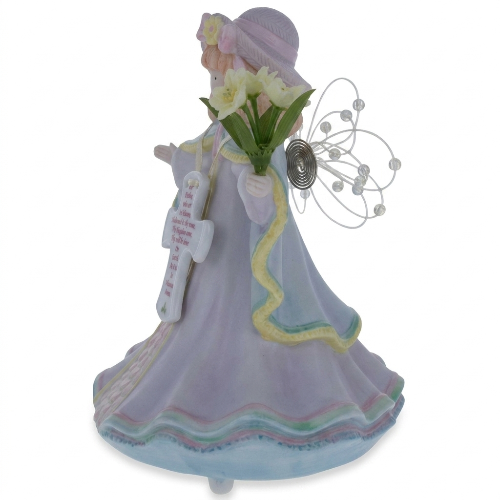 Angel with Cross Porcelain Musical Figurine - Lord's Prayer Decor 6.5 Inches