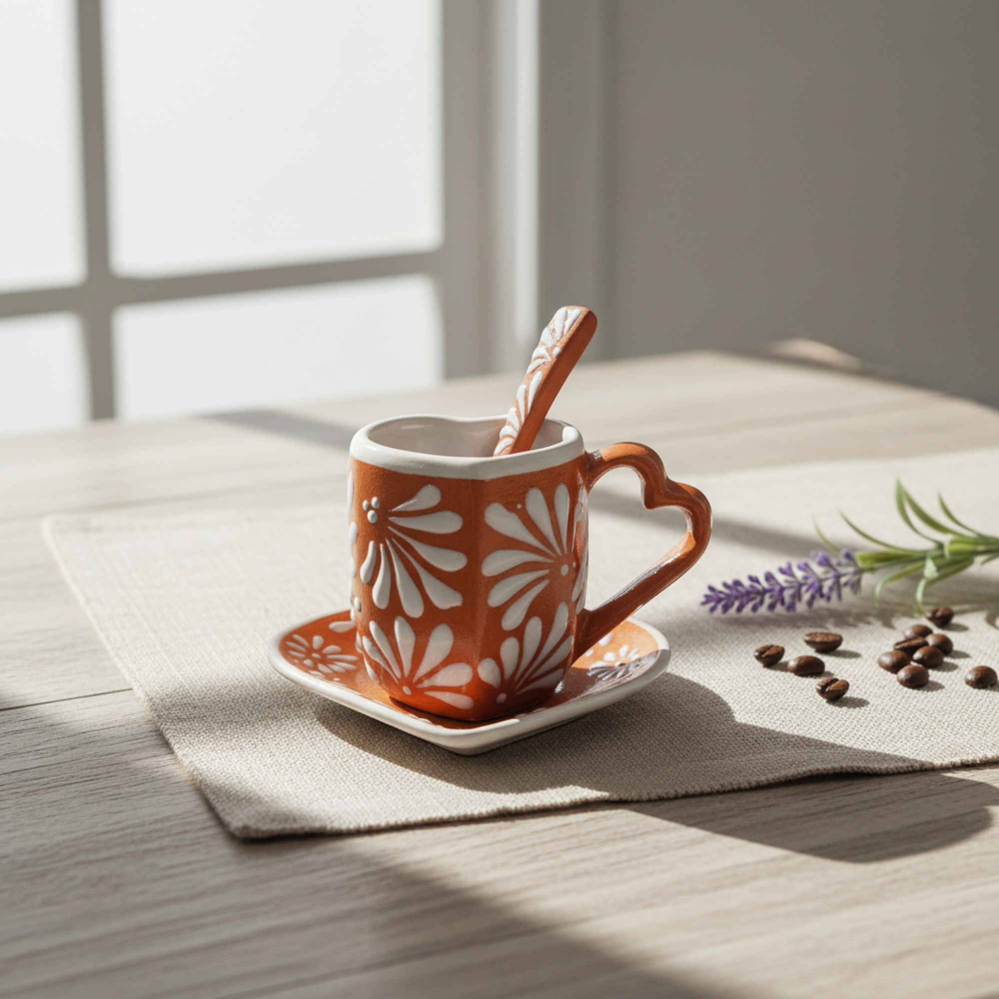 Brown Talavera Heart Mug Set | Cup, Plate & Spoon