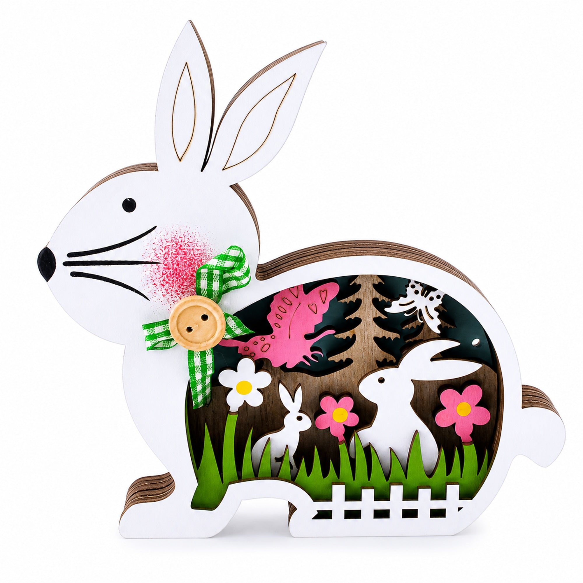 Bunny Shape Spring Garden with Butterflies Wooden Figurine