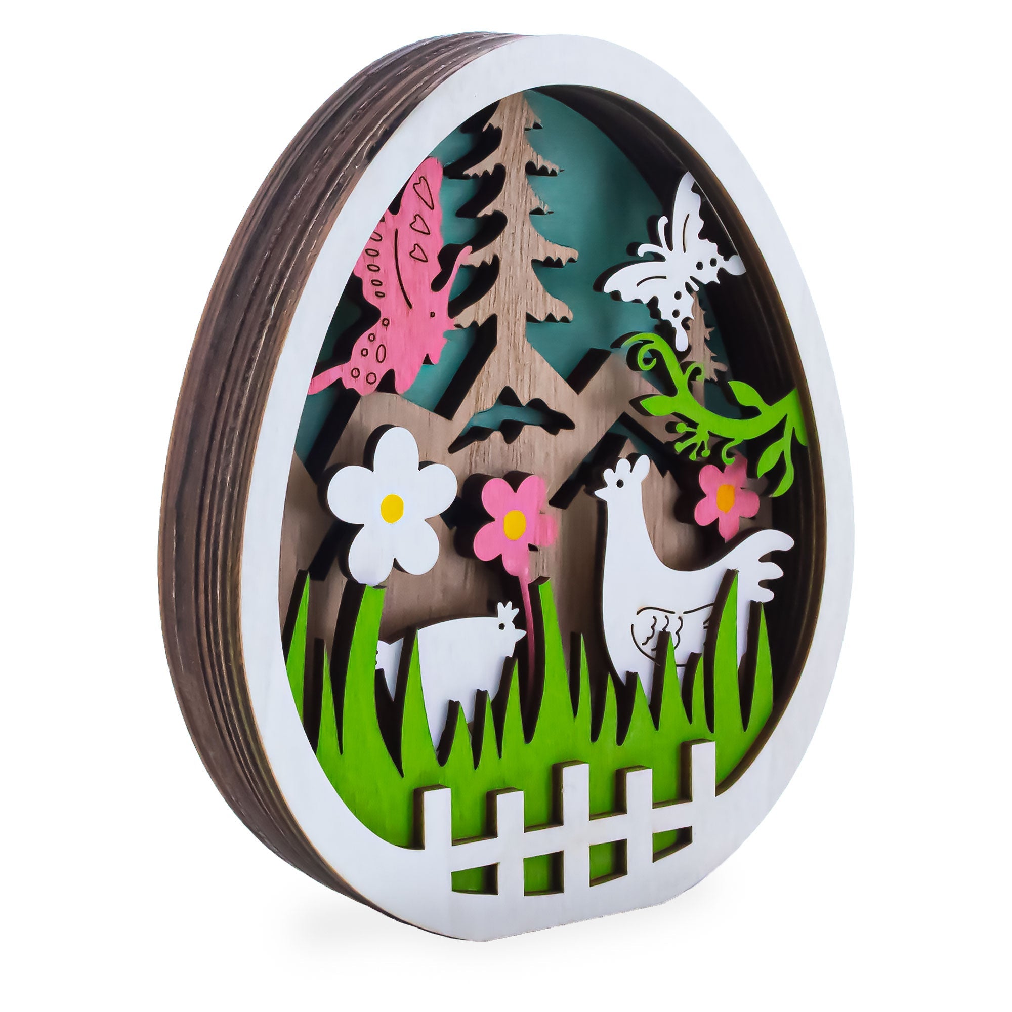 Egg Shape Spring Garden with Butterflies and Chicks Wooden Figurine
