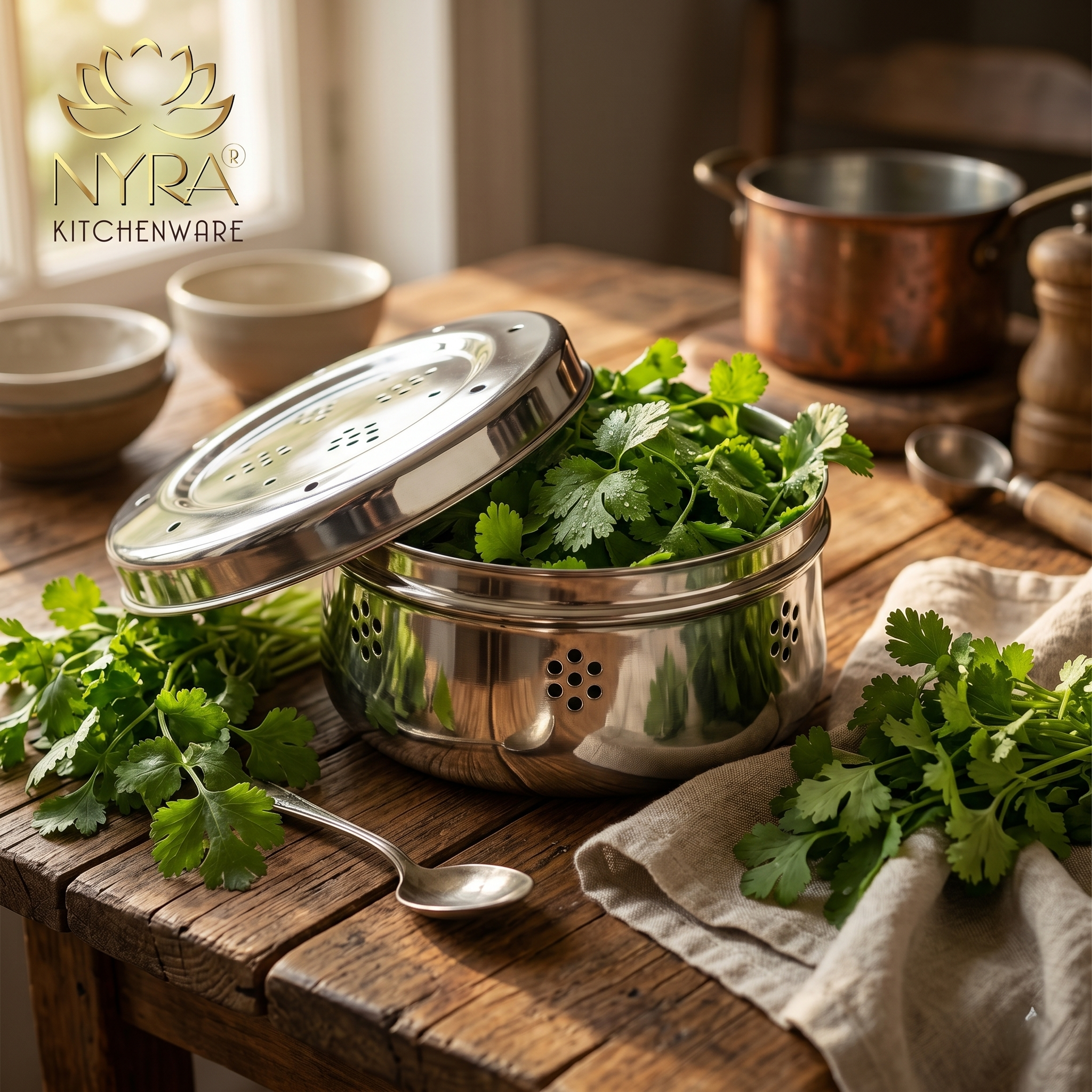 Stainless Steel Coriander Storage Box with Air Ventilation Holes | Dhaniya Dibba/Dibbi - small