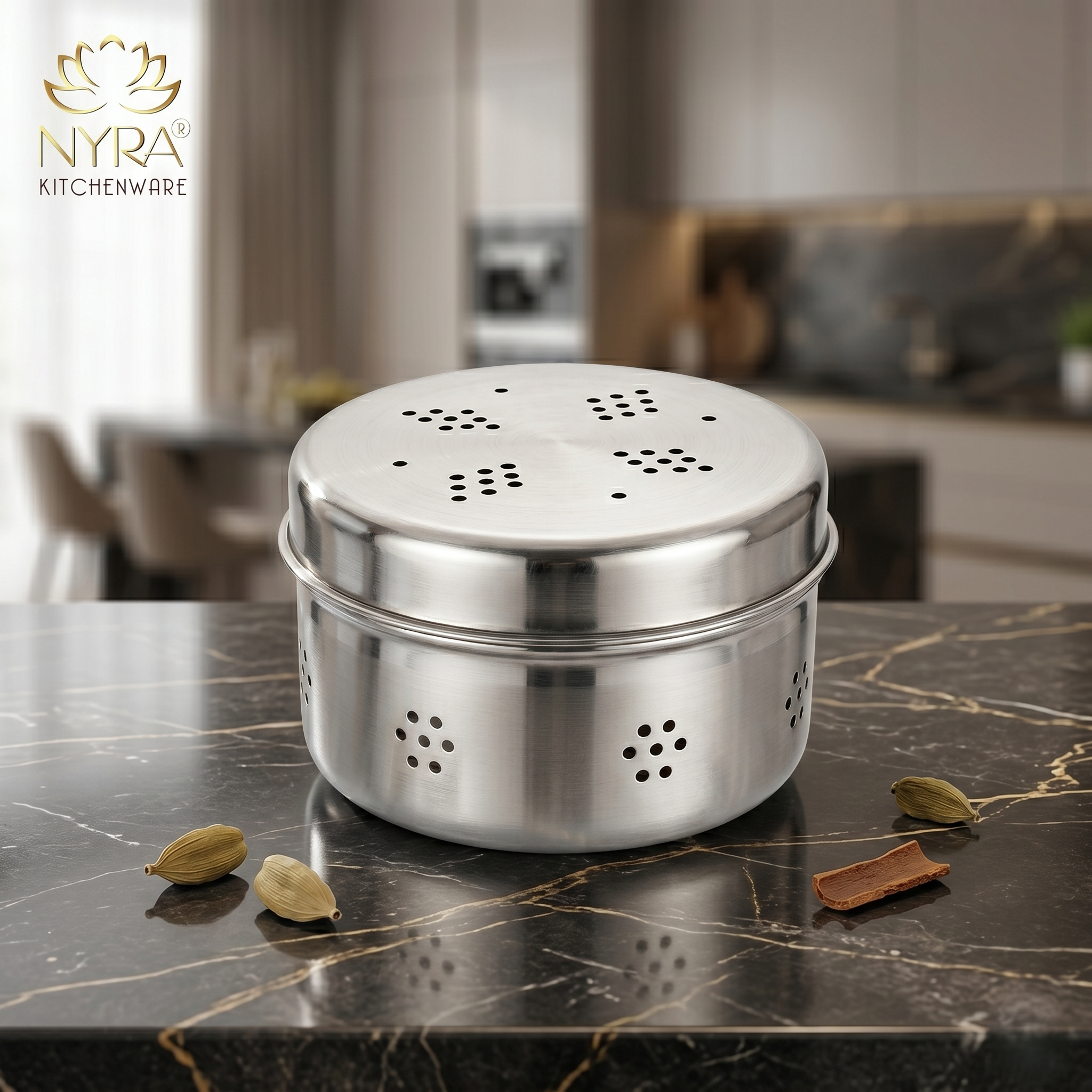 Stainless Steel Round Dibbi/Dabba | Ventilated Dhaniya & Spice Box - small