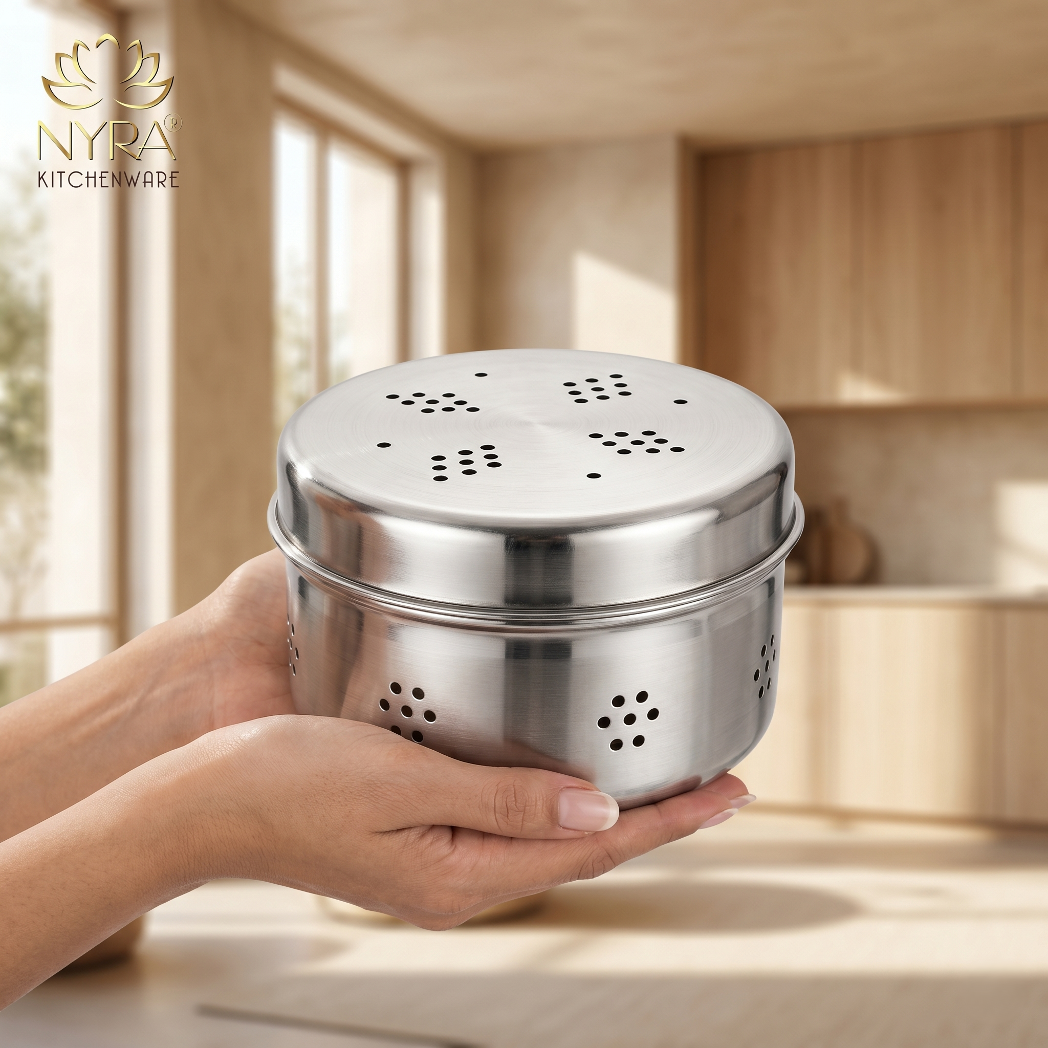 Stainless Steel Round Dibbi/Dabba | Ventilated Dhaniya & Spice Box - medium