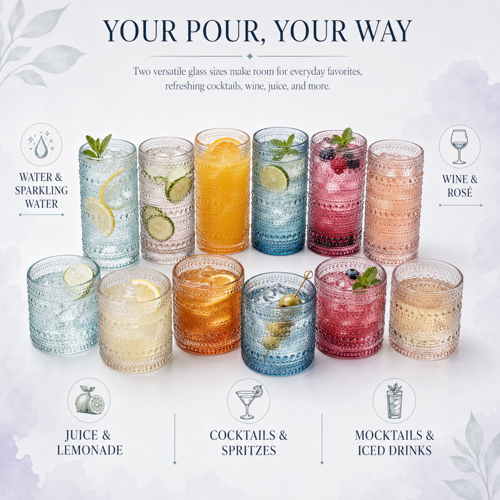 Tonal Hobnail Highball & Lowball Glassware, Set of 12