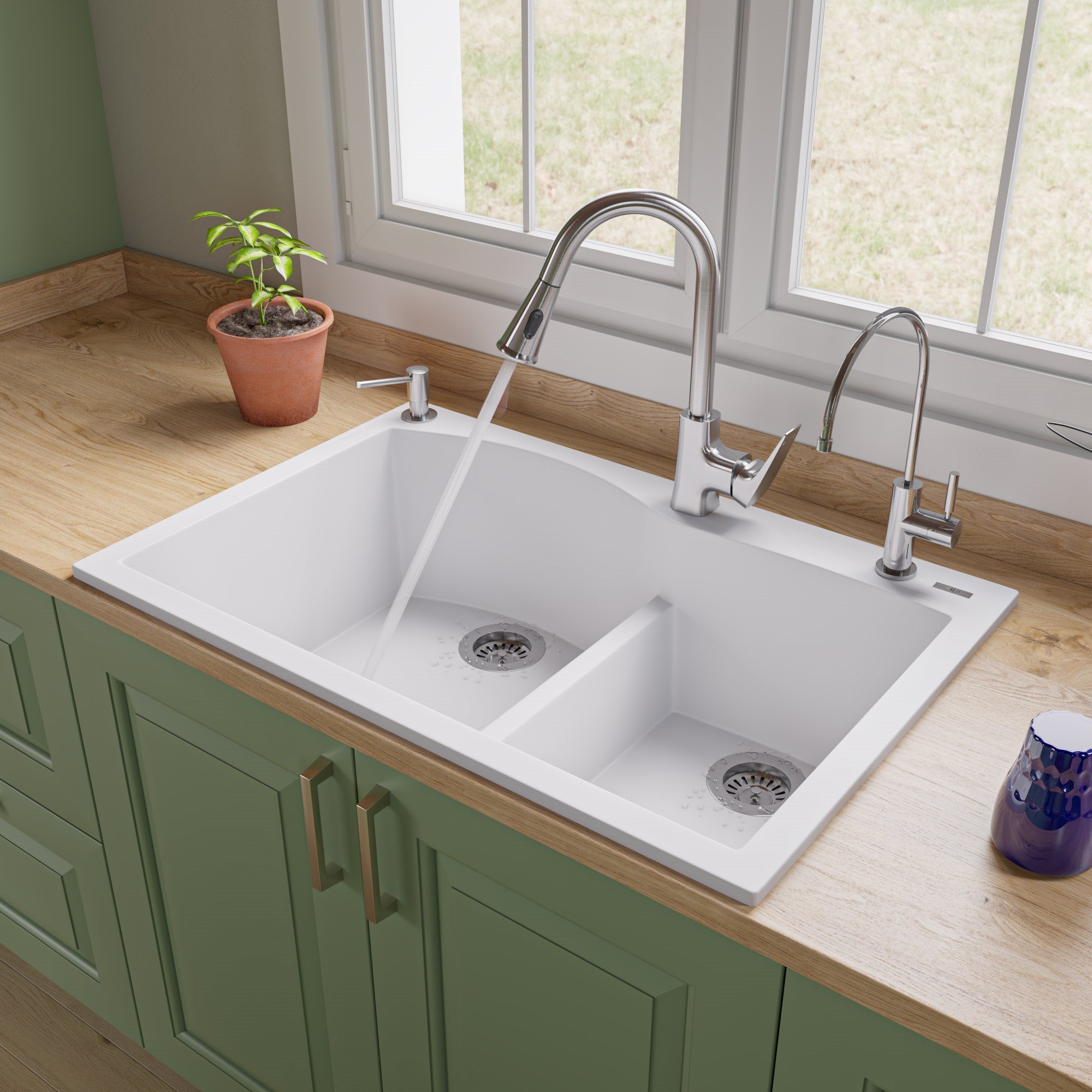 Alfi Brand Ab3320Di-W White 33'' Double Bowl Drop In Granite Composite Kitchen Sink