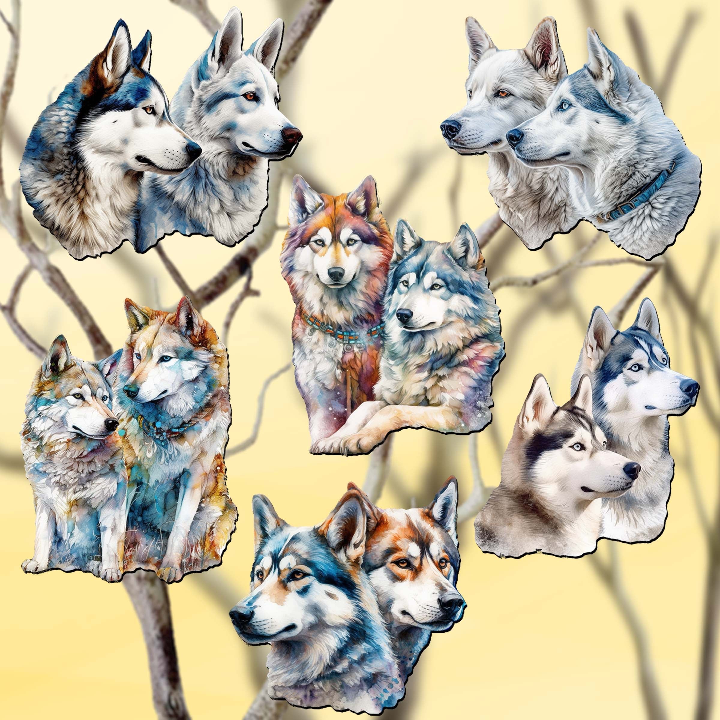 The Graceful Huskies Clip-On Eco Wood Decorative Ornaments Set of 6 by G. Debrekht - Wildlife Décor - 8090115C-S6