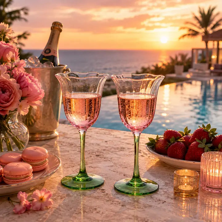 Khen Blossom Pink Tulip Wine Glasses Set of 2, Hand Blown Colored Crystal