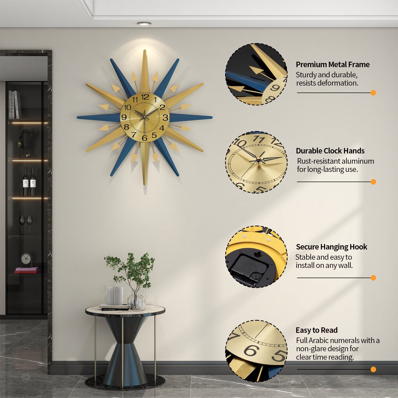 Sunburst Wall Clock Metal Modern Decorative Home Decor
