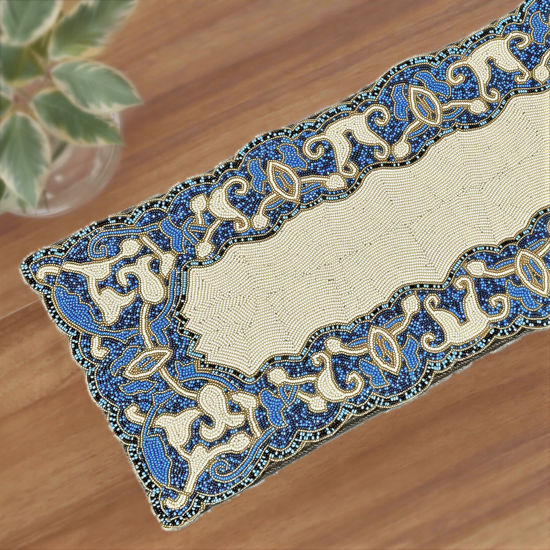 Beaded Table Runner - White Blue Satin Backing | Embroidered Glass Bead Decor