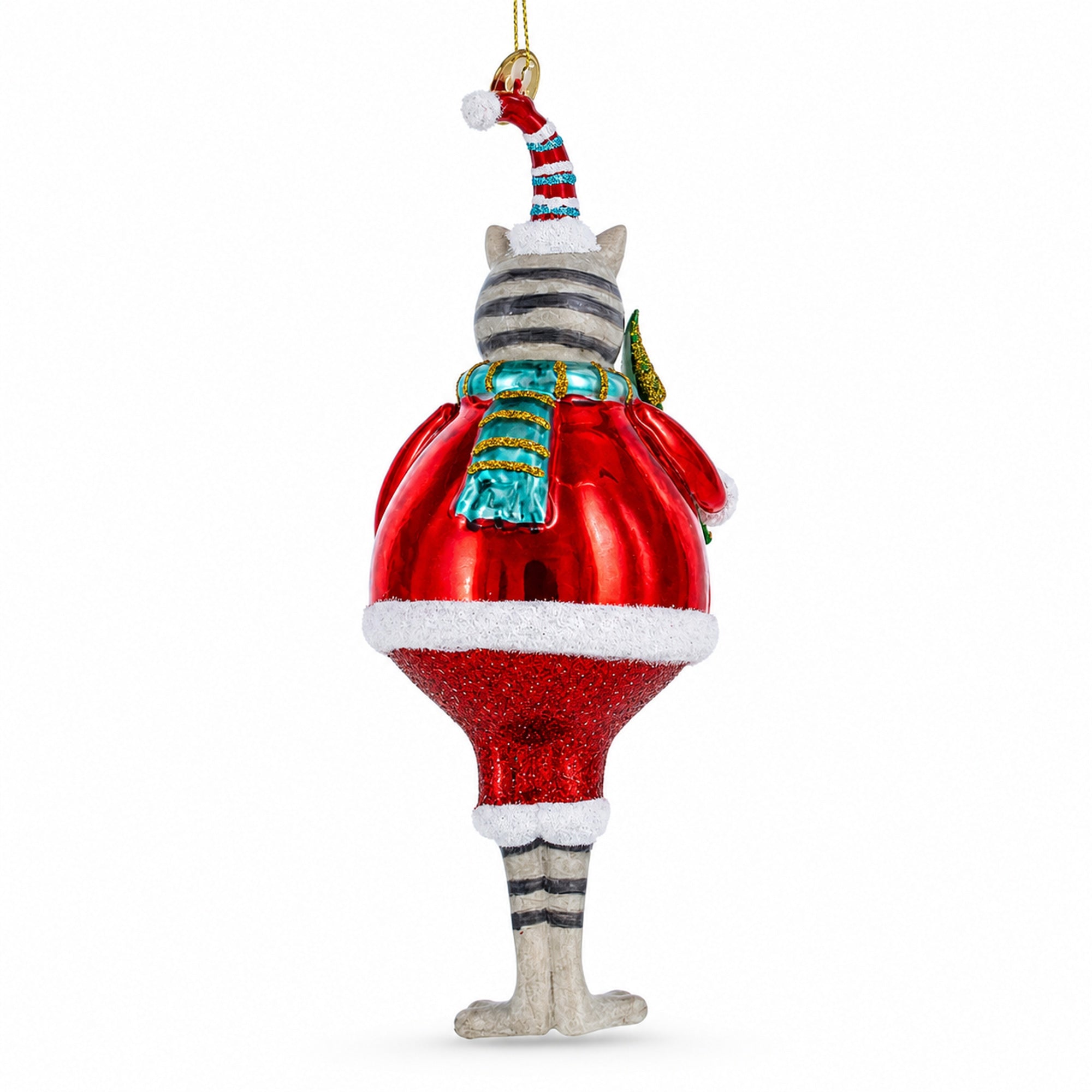 Cat in Fur Hat with Tree Glass Christmas Ornament